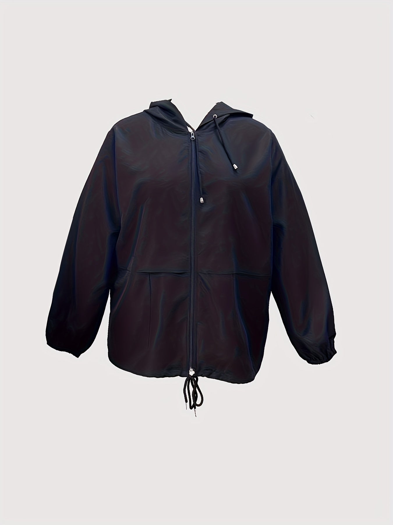 solvbao Plus Size Casual Trench Coat, Women's Plus Solid Long Sleeve Zip Up Hooded Drawstring Windbreaker Coat With Pockets