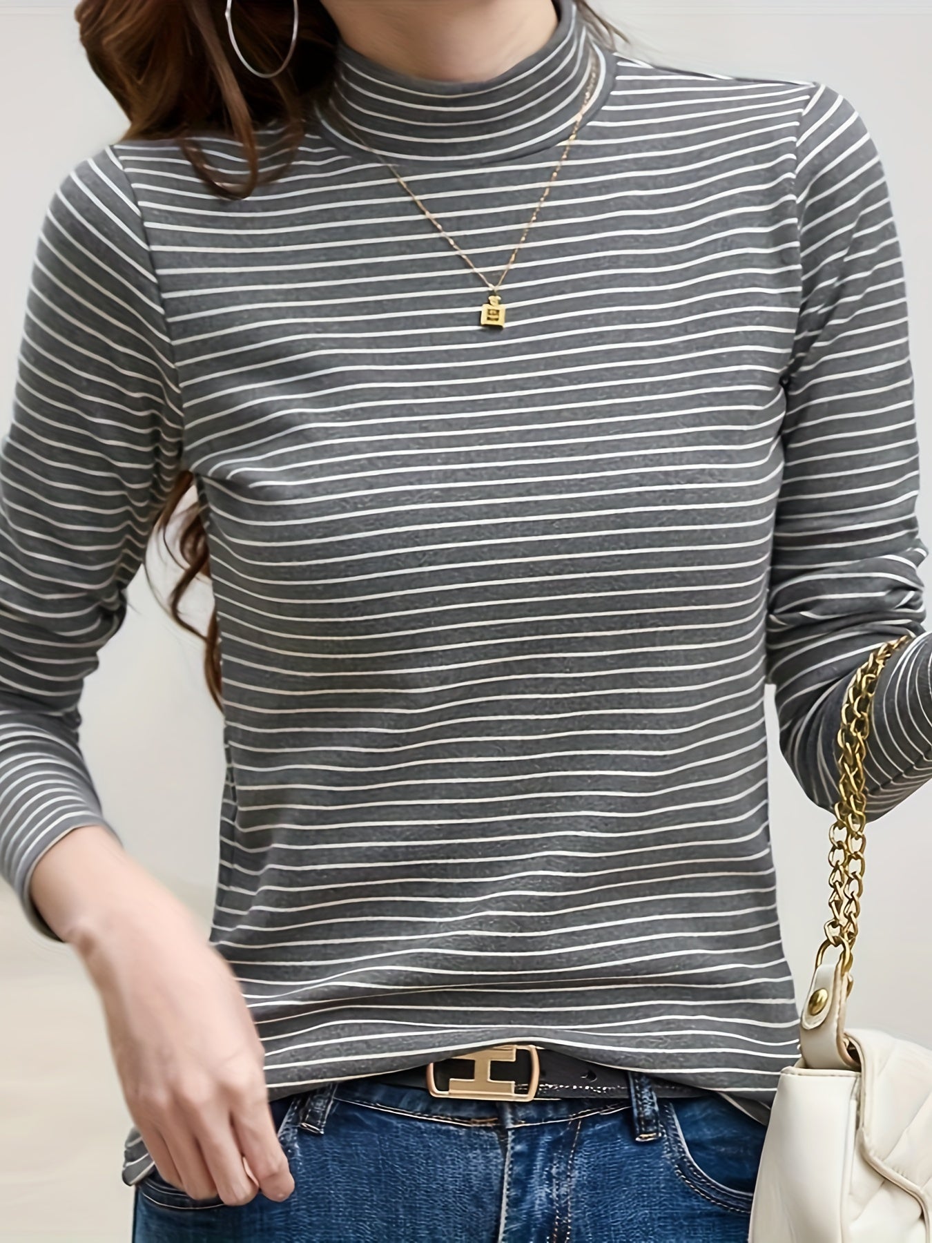 gbolsos Striped Mock Neck T-shirt, Casual Long Sleeve Top For Spring & Fall, Women's Clothing