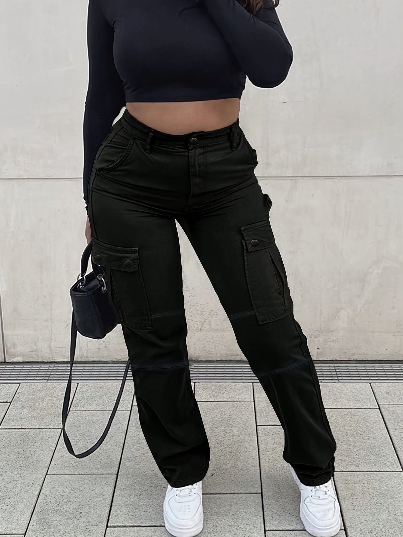 gbolsos Plain Side Flap Pocket Cargo Jeans, Loose Fit High Rise Streetwear Denim Pants, Women's Denim Jeans & Clothing