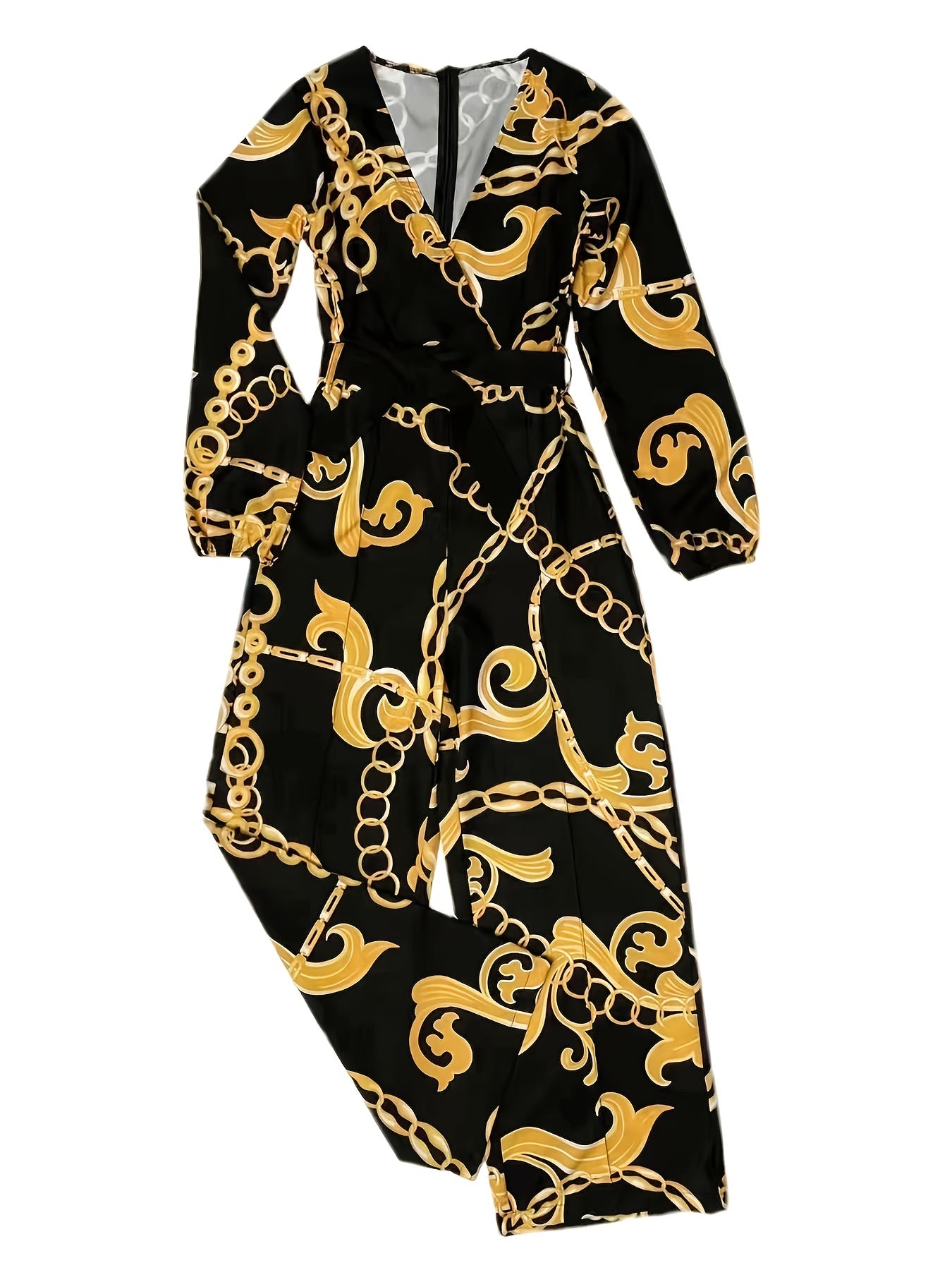 gbolsos Chain Print Belted Wide Leg Jumpsuit, Elegant Deep V Neck Long Sleeve Jumpsuit For Spring & Fall, Women's Clothing