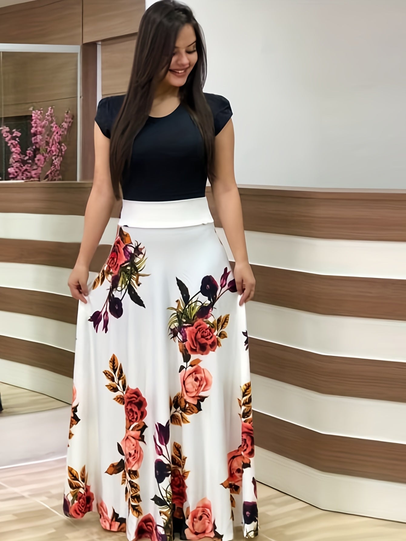 gbolsos Floral Print Splicing Dress, Elegant Crew Neck Short Sleeve Pleated Maxi Dress, Women's Clothing
