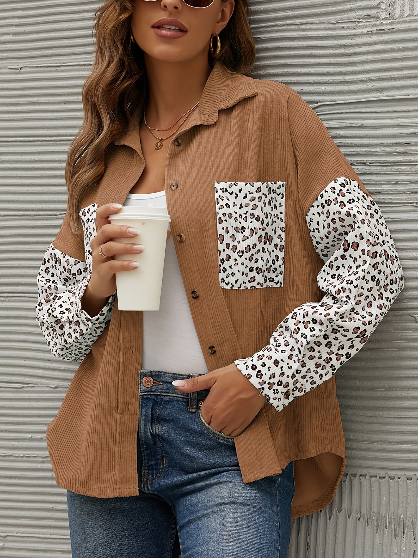 gbolsos Corduroy Leopard Print Stitching Coat, Casual Lapel Long Sleeve Button Down Fashion Loose Outerwear, Women's Clothing