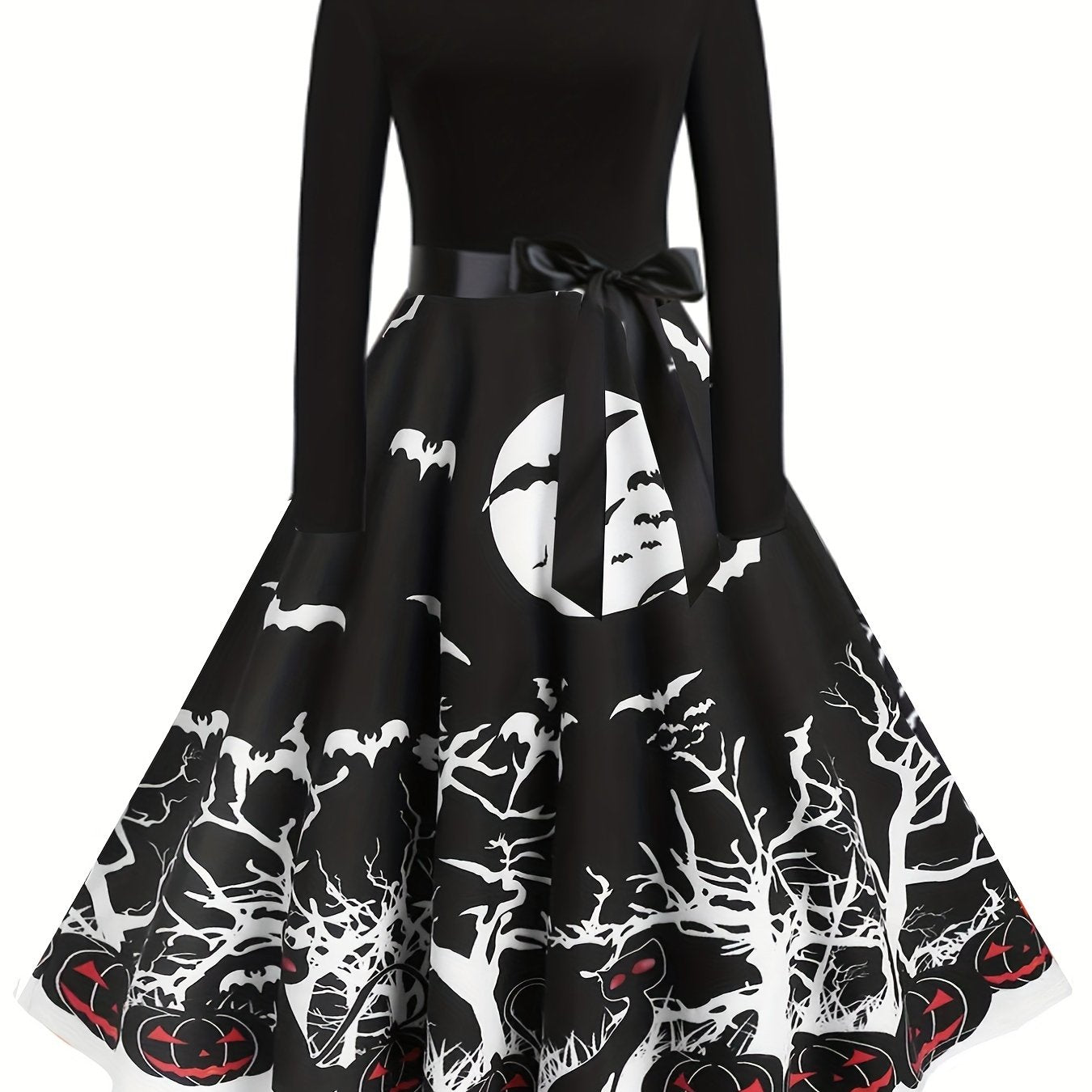 gbolsos Cartoon Ghost Print Dress, Elegant Long Sleeve Pleated Halloween Dress, Women's Clothing