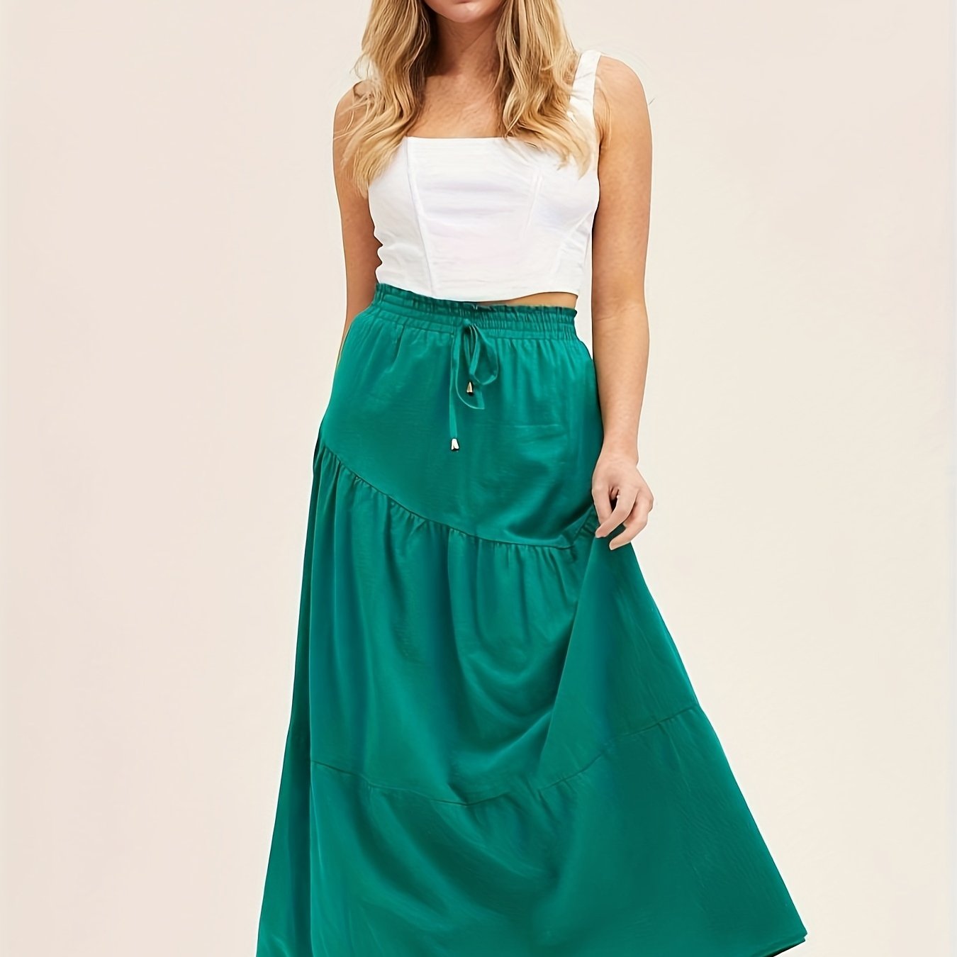 Solid Drawstring High Waist Skirt, Boho Pleated Long Length Skirt, Women's Clothing