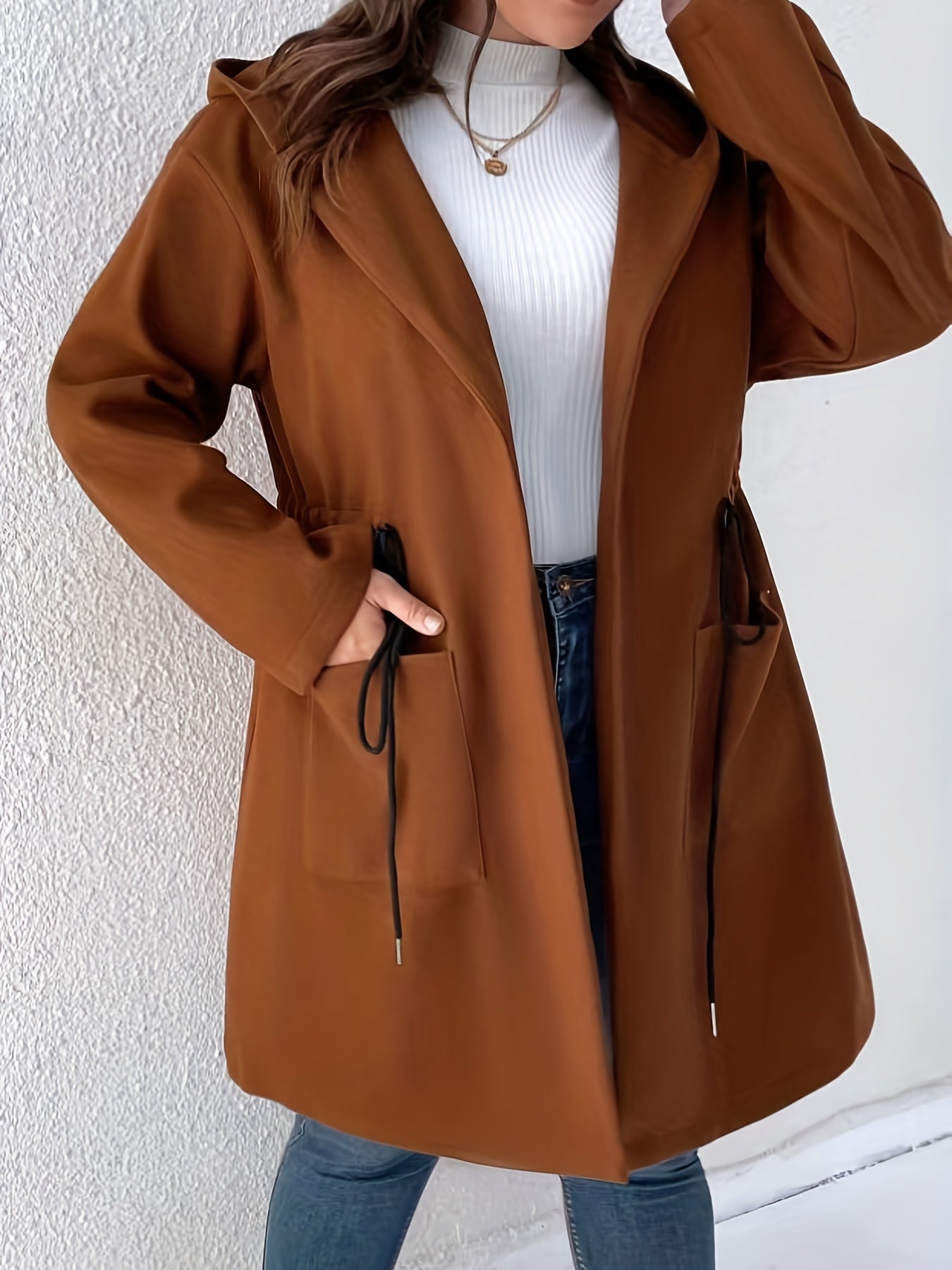 Plus Size Casual Coat, Women's Plus Solid Long Sleeve Drawstring Hooded Coat With Pockets