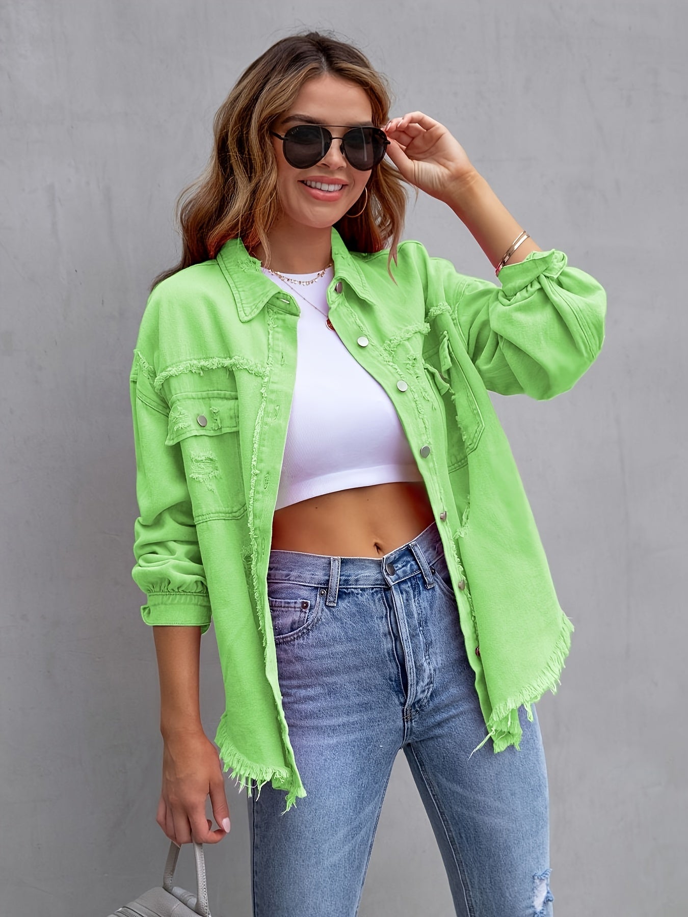 gbolsos Plain Ripped Holes Lapel Denim Jackets, Distressed Raw Hem Long Sleeves Casual Denim Coats, Women's Denim Clothing