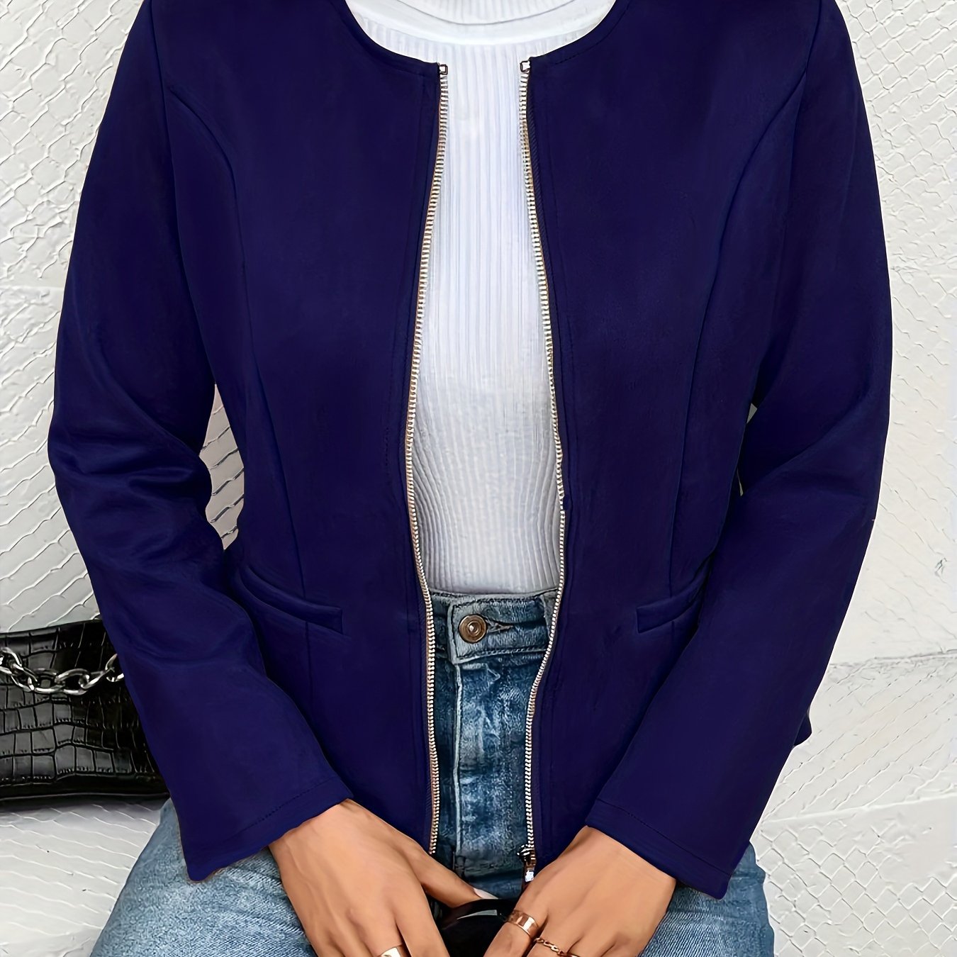 Plus Size Casual Coat, Women's Plus Solid Zip Up Long Sleeve Round Neck Jacket With Pockets