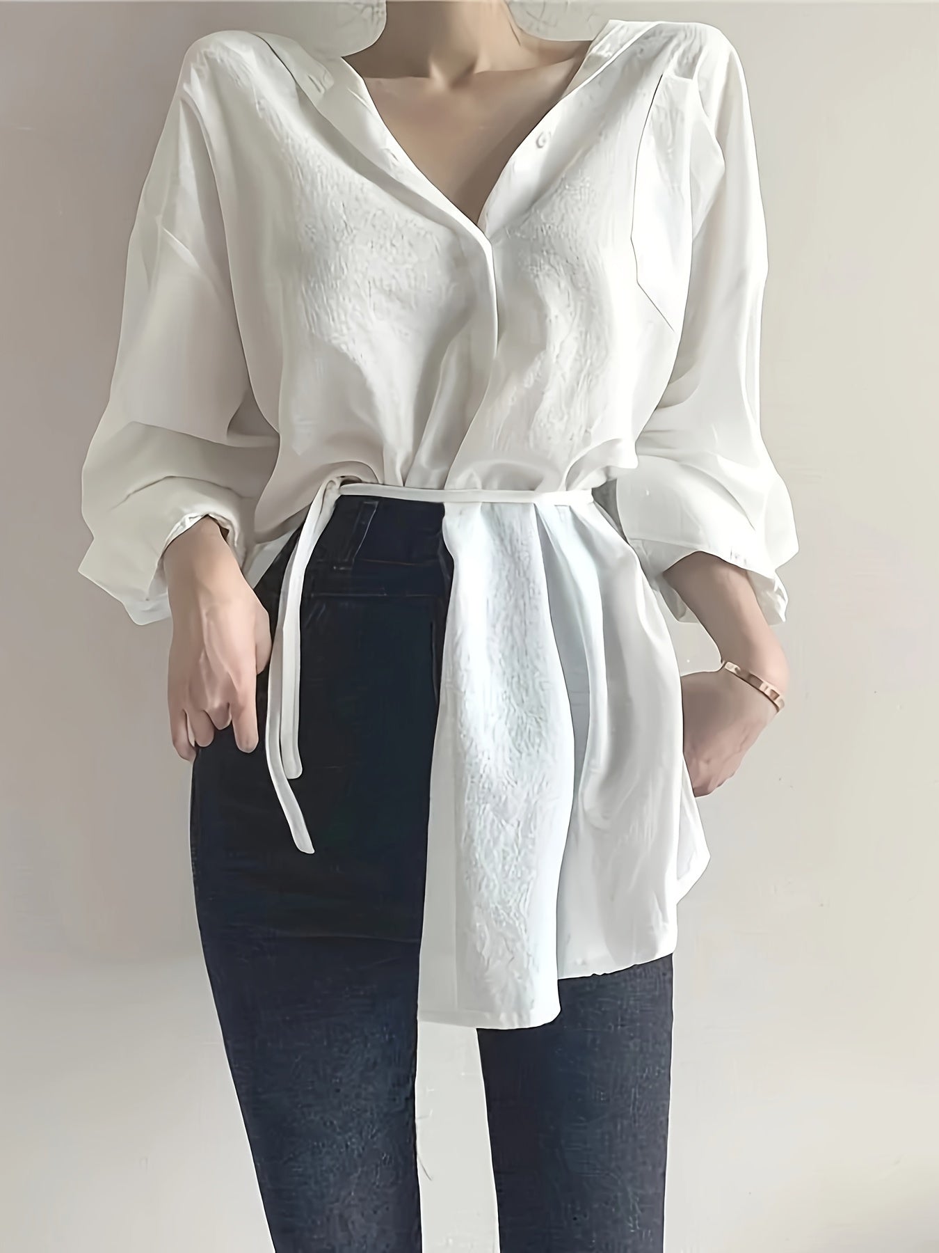 gbolsos Solid Tie Waist Asymmetrical Hem Blouse, Versatile Long Sleeve Button Front Blouse, Women's Clothing