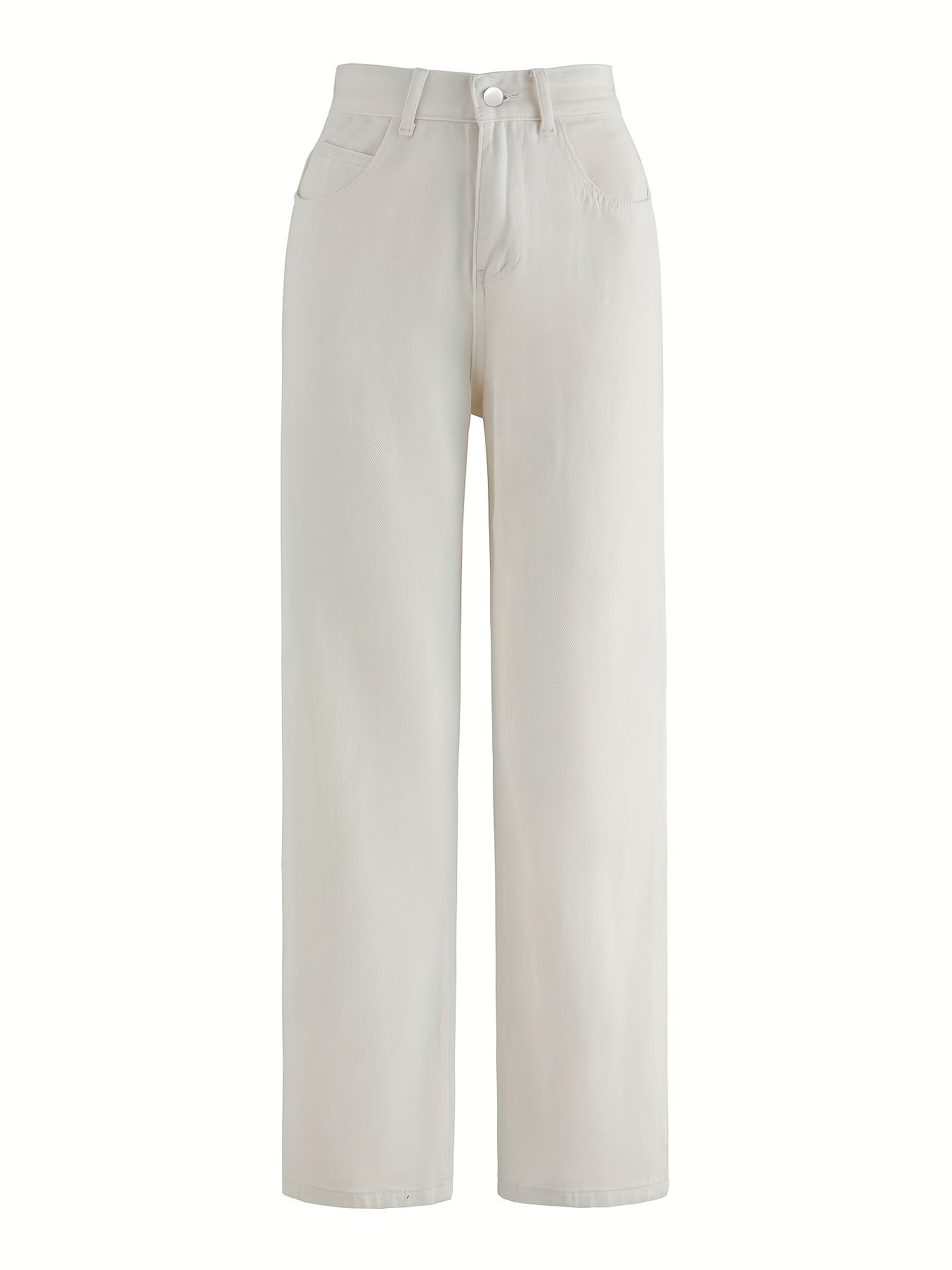 White Solid Color Wide Leg Jeans, Mid Rise Loose Slash Pocket Denim Pants, Women's Denim Jeans & Clothing