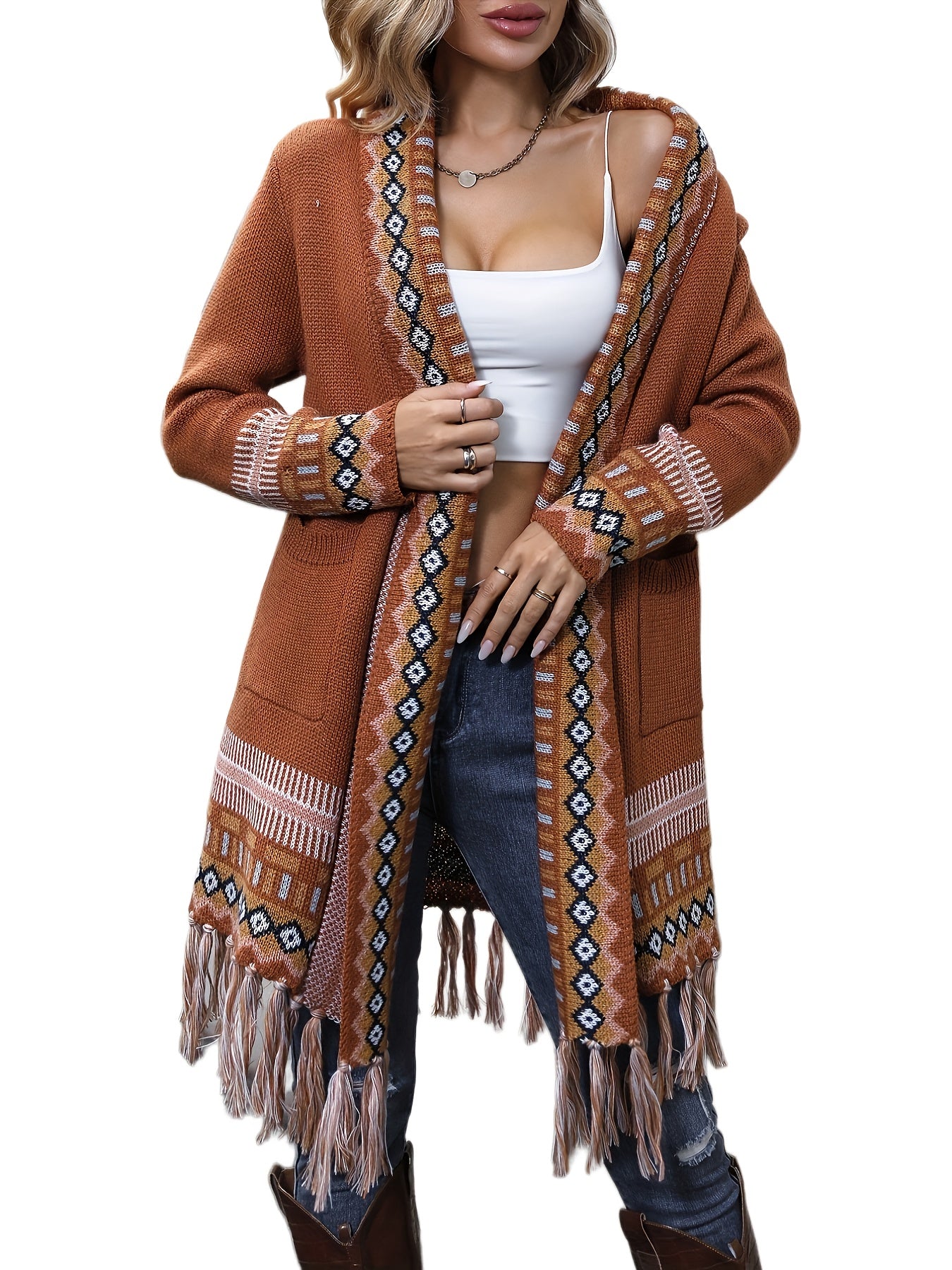 gbolsos Ethnic Pattern Tassel Trim Knit Cardigan, Vintage Open Front Long Sleeve Pocket Sweater, Women's Clothing