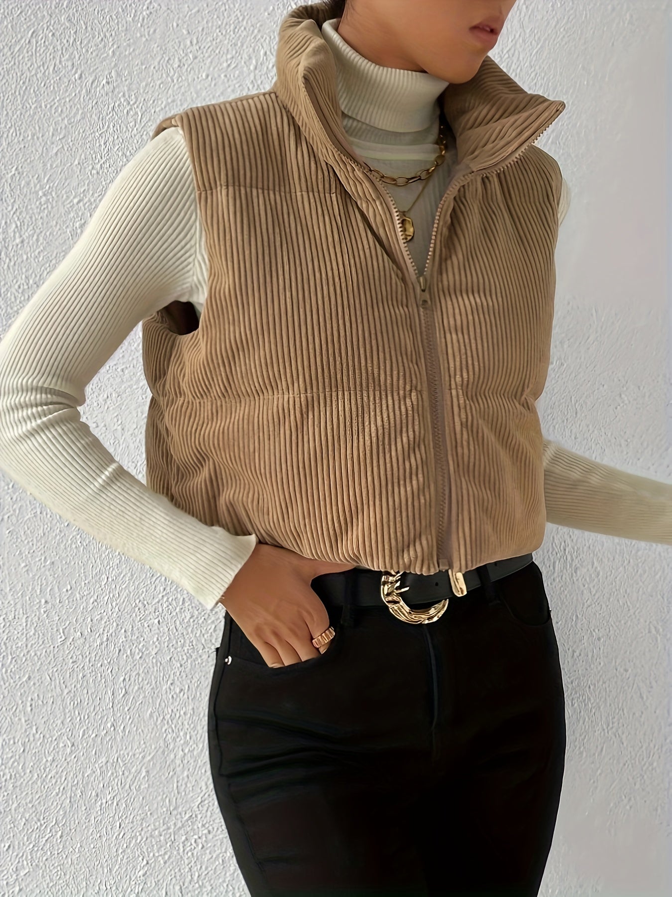 gbolsos Solid Color Zip-up Puffy Vest, Elegant Sleeveless Vest For Fall & Winter, Women's Clothing