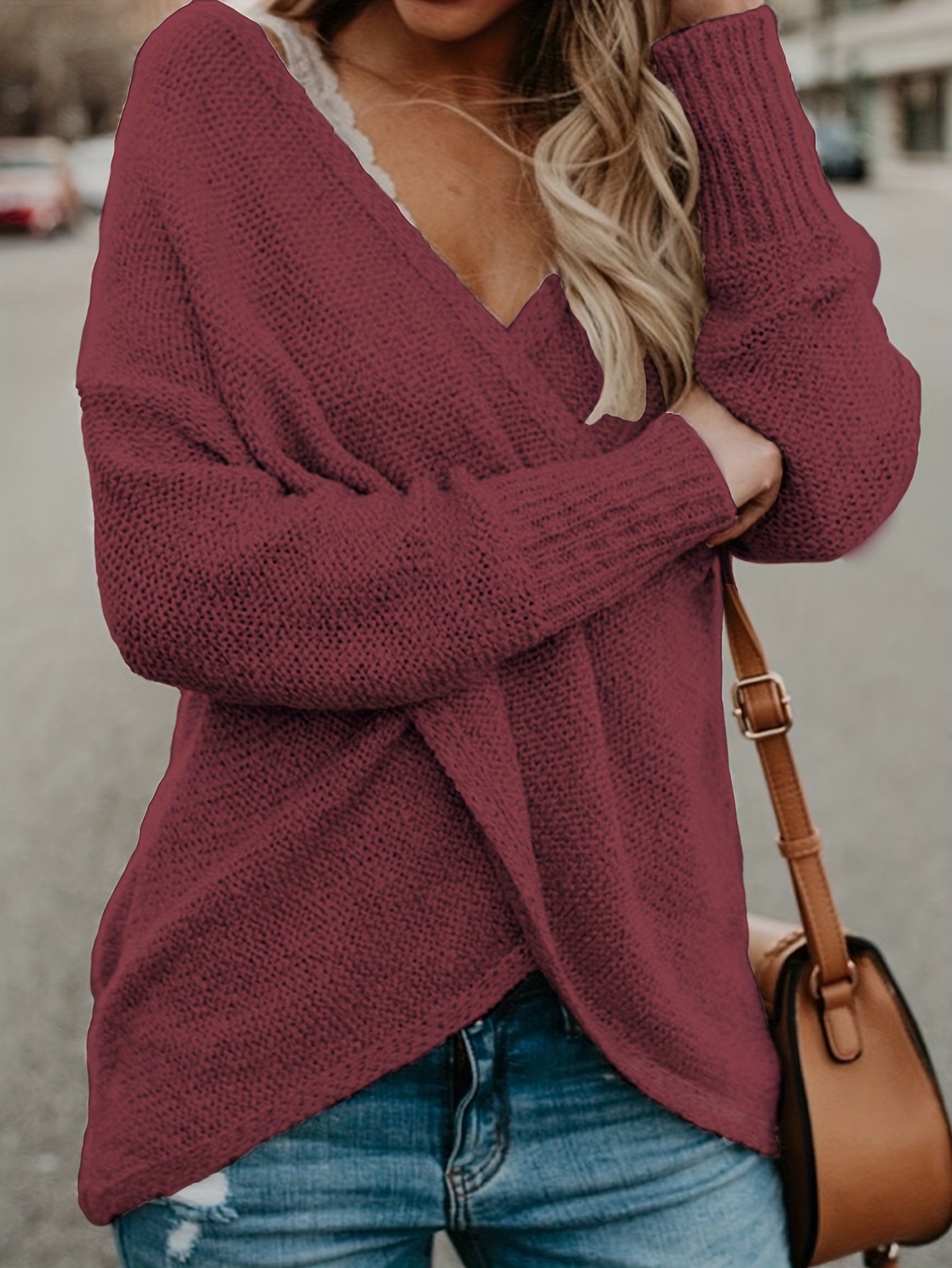 gbolsos Solid Surplice Neck Cross Front Sweater, Casual Long Sleeve Sweater For Spring & Fall, Women's Clothing
