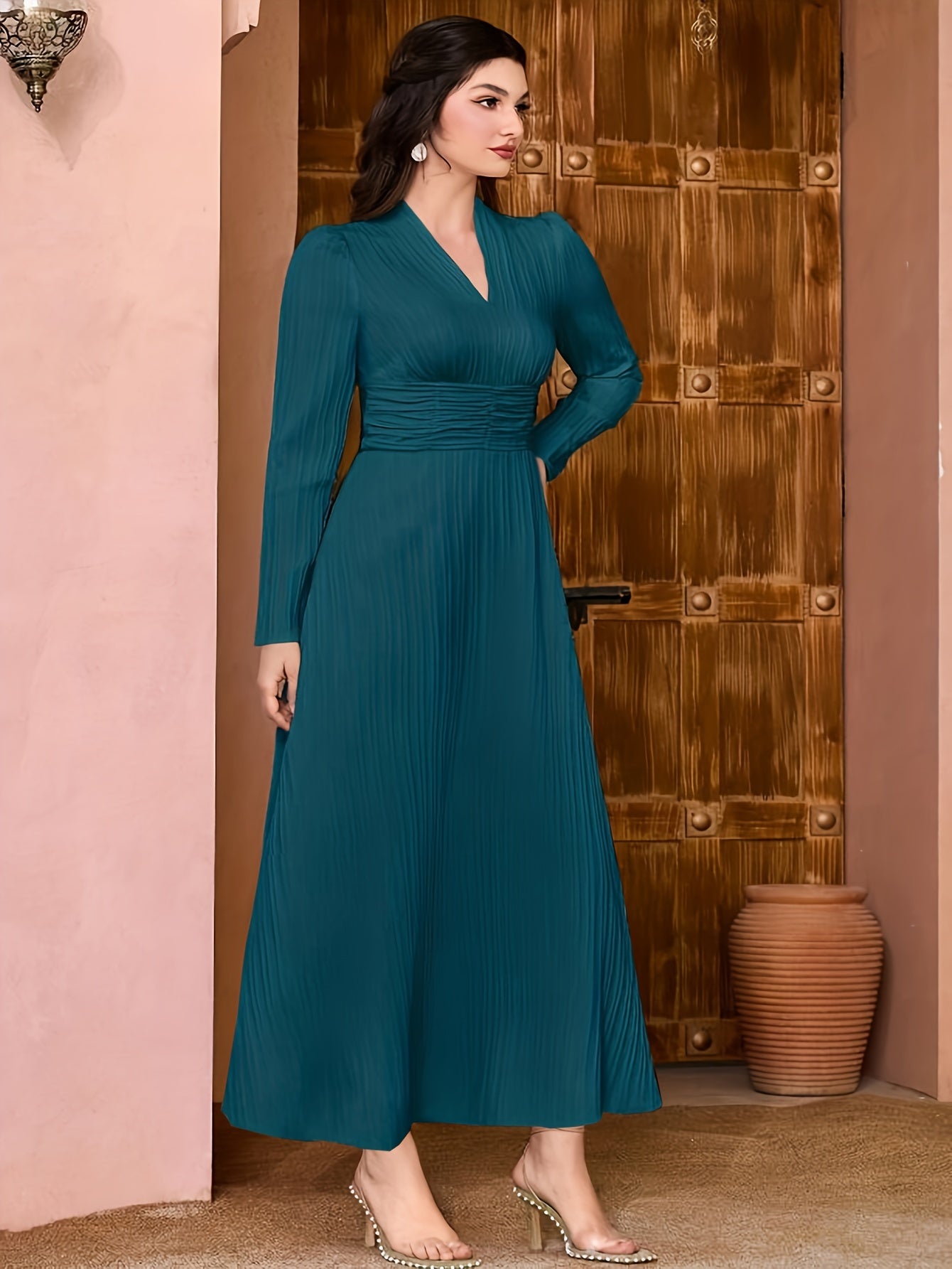 gbolsos Solid V Neck Dress, Elegant Long Sleeve Shirred Waist Dress, Women's Clothing