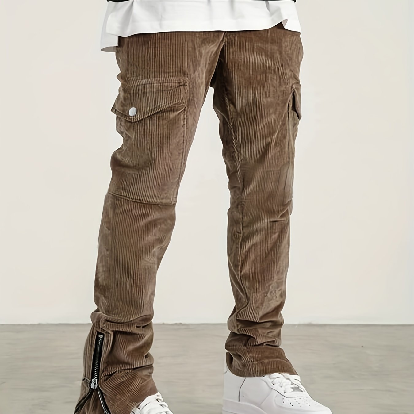 gbolsos Trendy Zipper Slit Bottom Cargo Pants, Men's Solid Multi Flap Pocket Trousers, Casual Outdoor Pants, Men's Work Pants Outdoors Streetwear Hiphop Style