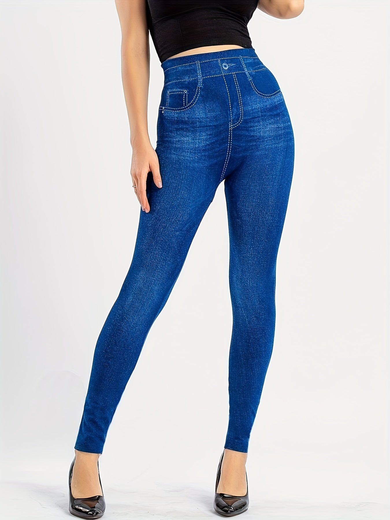 gbolsosDenim Print High Waist Jeggings, Slim Stretchy Casual Leggings, Women's Clothing