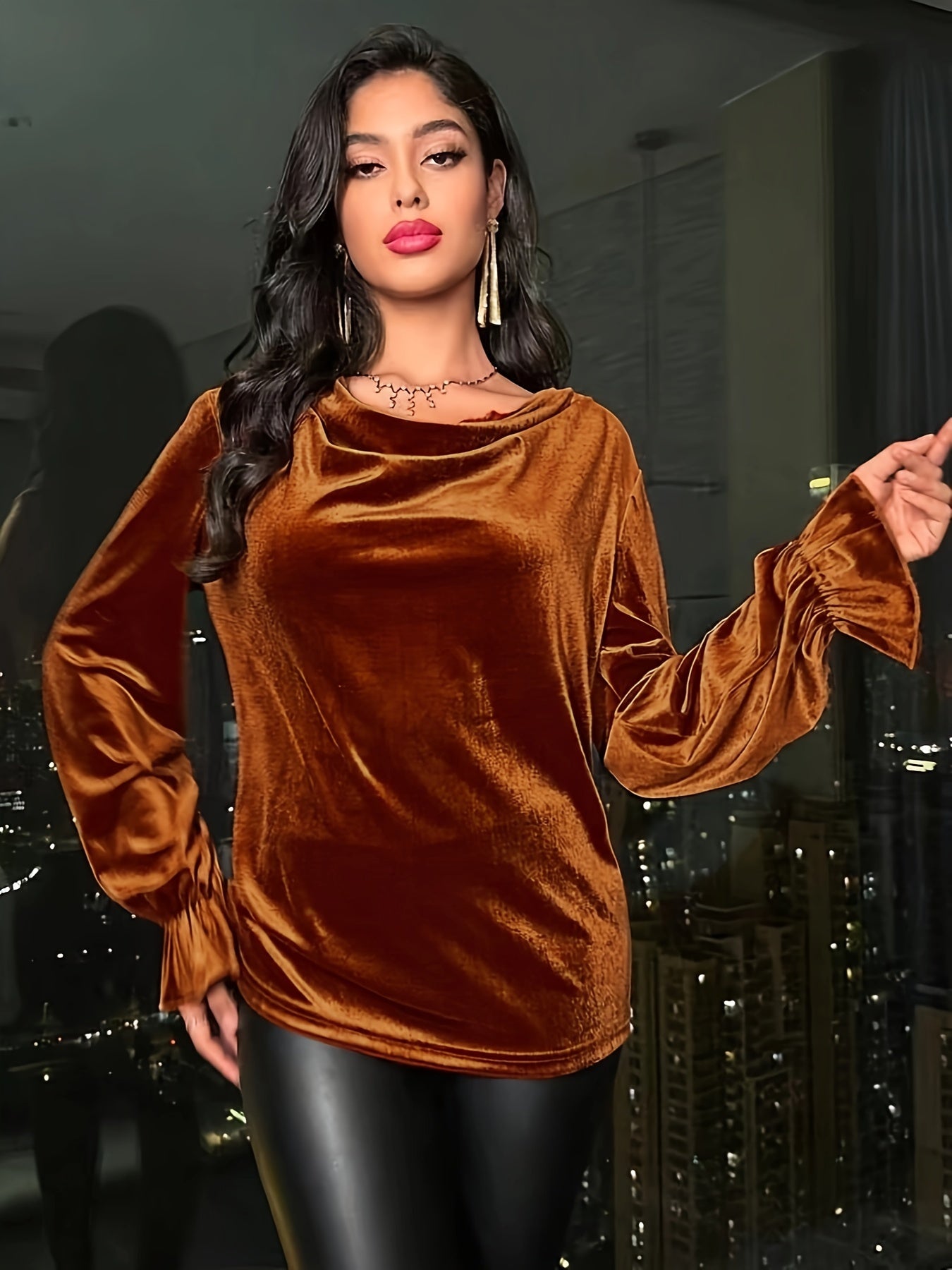 gbolsos Solid Cowl Neck Velvet T-shirt, Elegant Long Sleeve Comfy Top, Women's Clothing