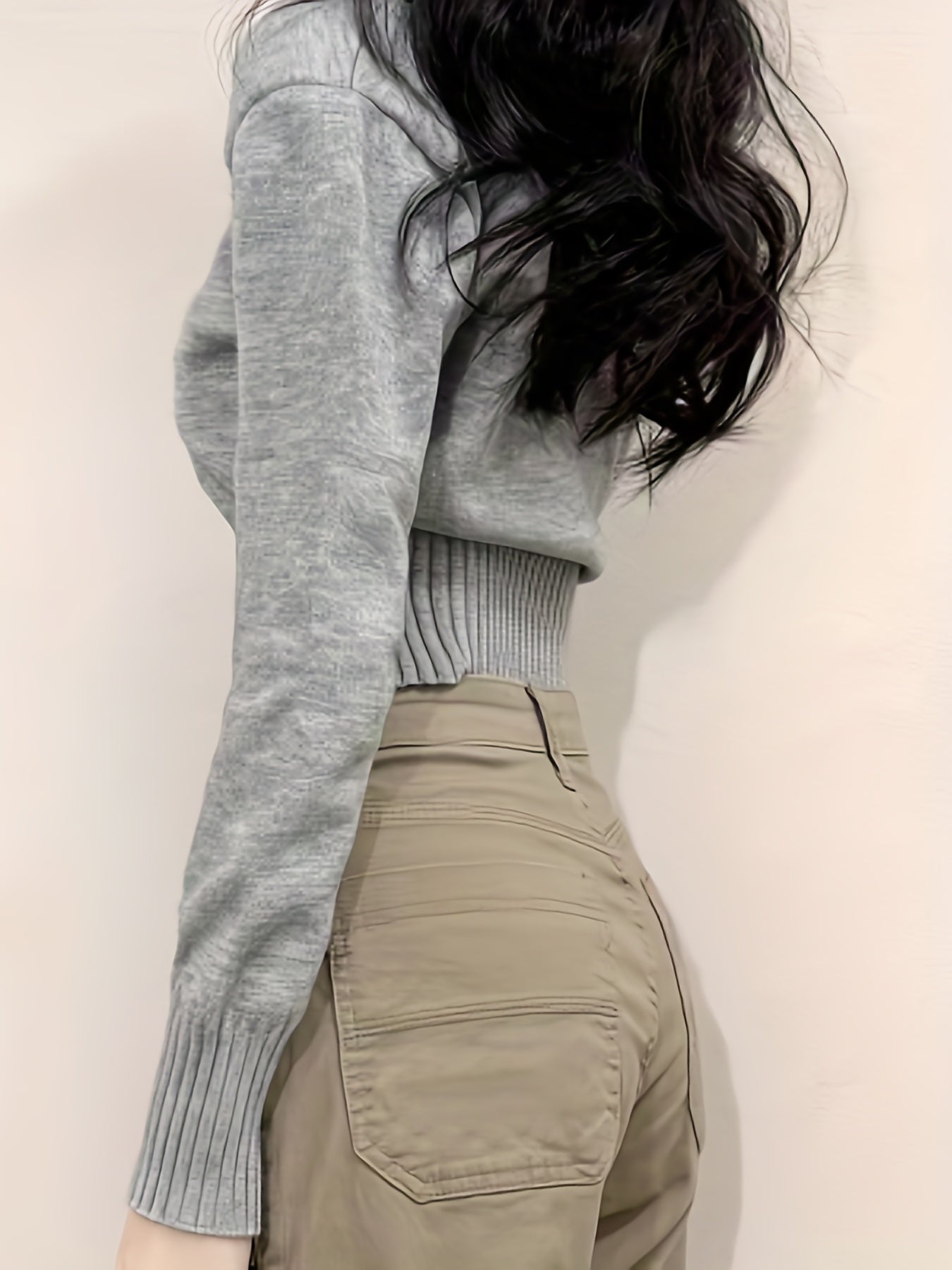 gbolsos Solid Notched Collar Pullover Sweater, Casual Long Sleeve Crop Sweater For Spring & Fall, Women's Clothing