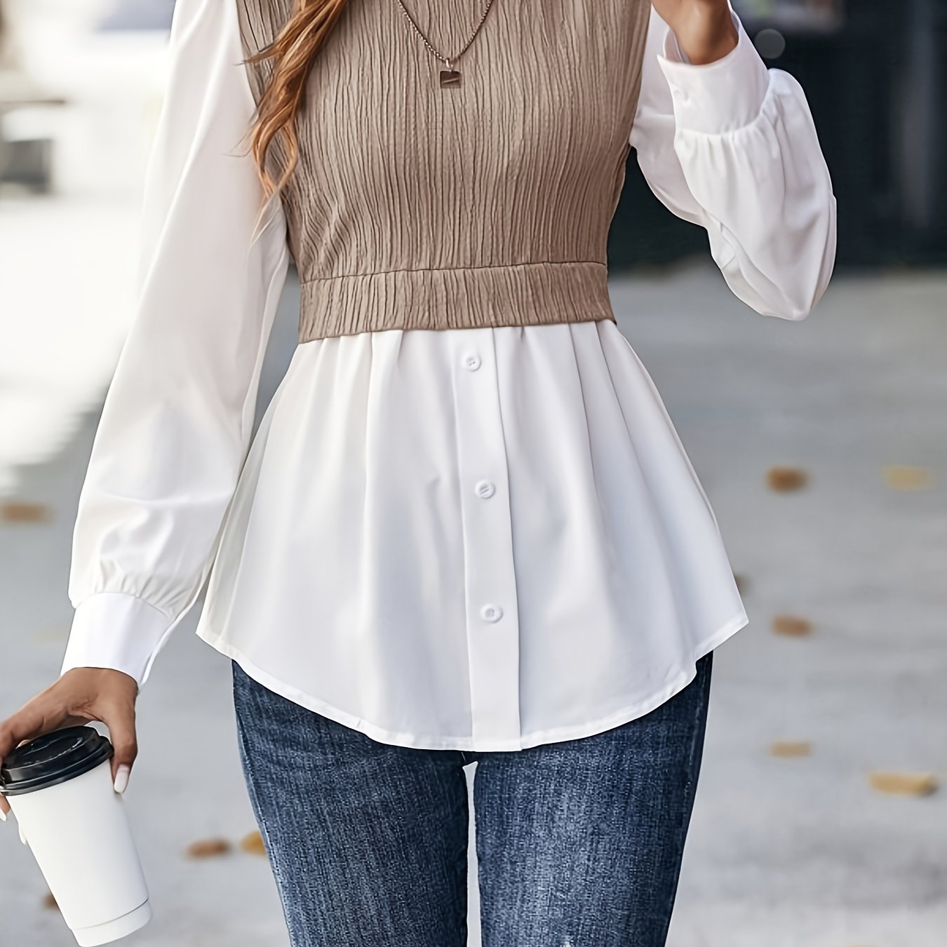 gbolsos Color Block Stitching Blouse, Elegant Crew Neck Long Sleeve Blouse, Women's Clothing