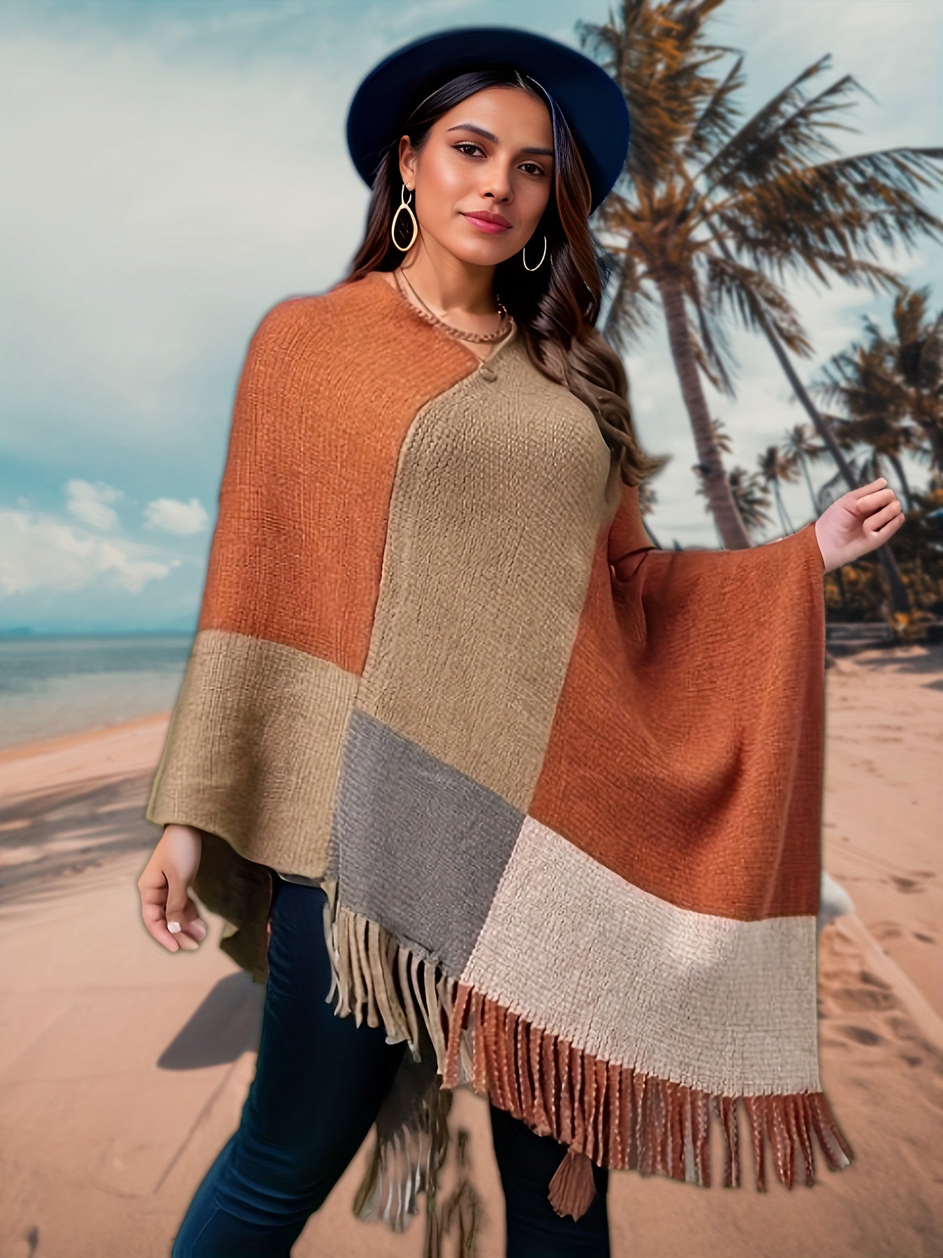 Plus Size Casual Coat, Women's Plus Colorblock Batwing Sleeve V Neck Tassel Trim Medium Stretch Shawl Cape Sweater Overcoat