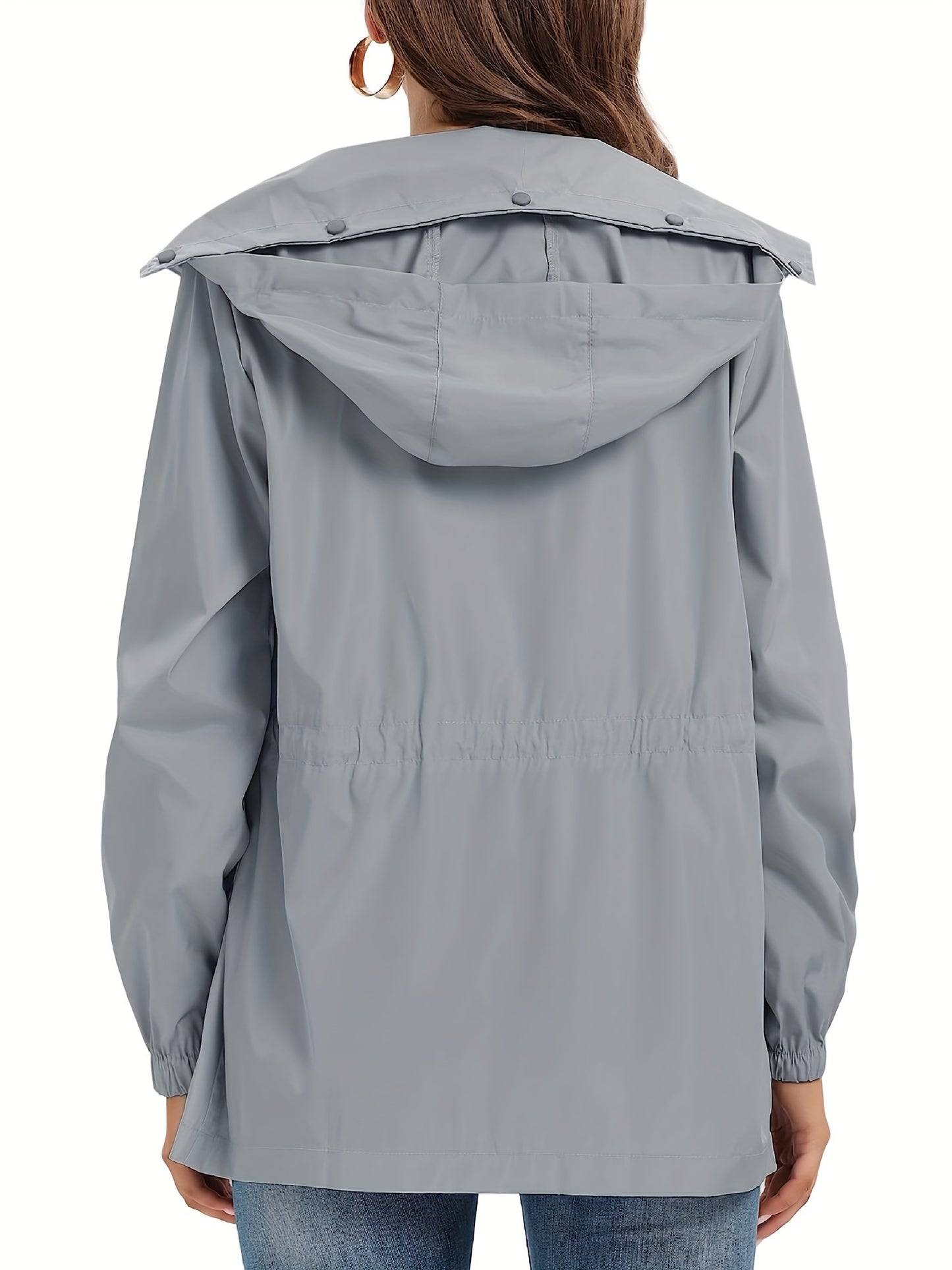 gbolsos Solid Hooded Rain Jacket, Casual Zip Up Long Sleeve Outerwear, Women's Clothing