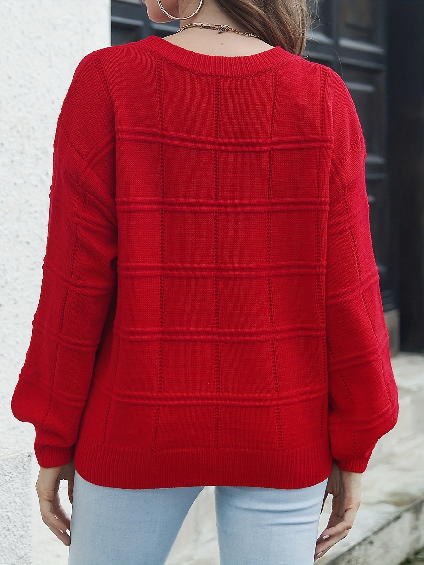 Stylish Solid Crew Neck Sweater, Casual Long Sleeve Sweater, Casual Tops For Fall & Winter, Women's Clothing