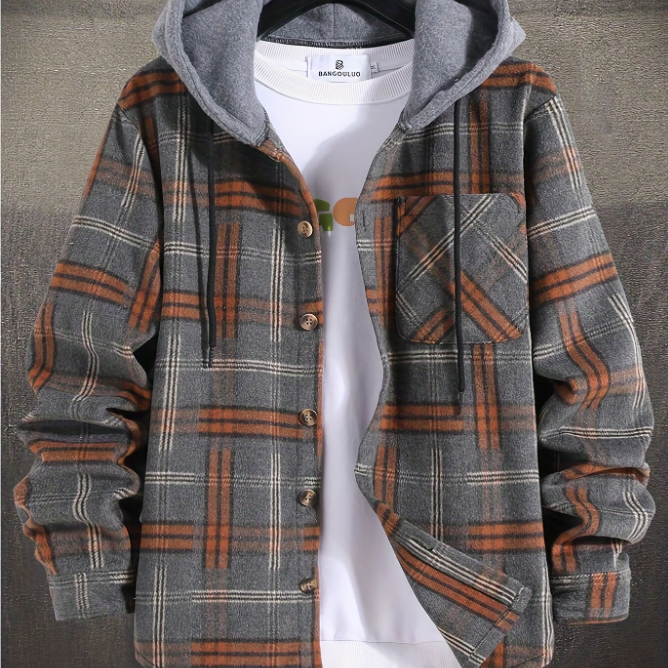 gbolsos Men's Plaid Long Sleeve Hooded Jacket, Warm Trendy Casual Jacket For Autumn