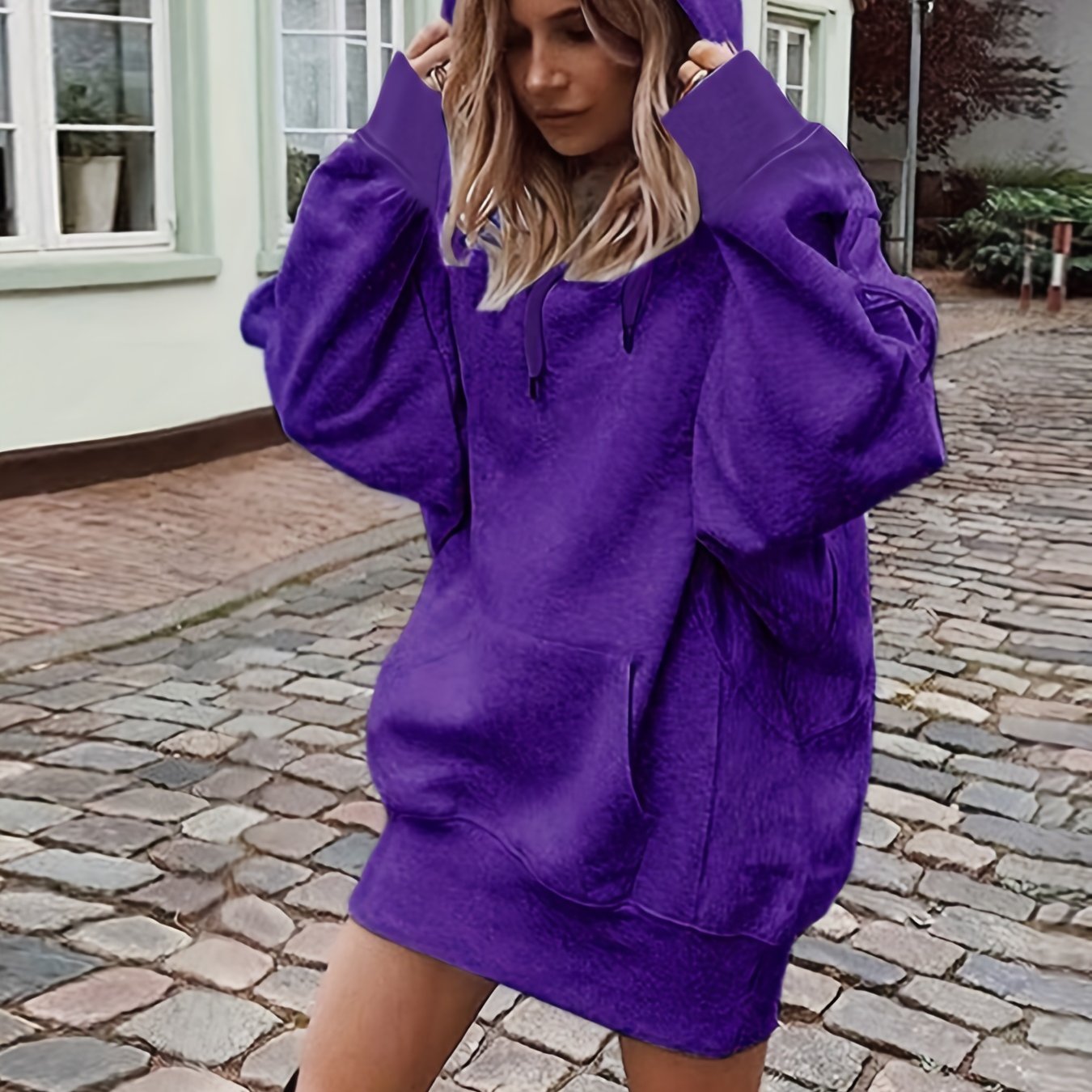 Solid Drawstring Hoodie, Casual Long Sleeve Drop Shoulder Hoodie, Women's Clothing