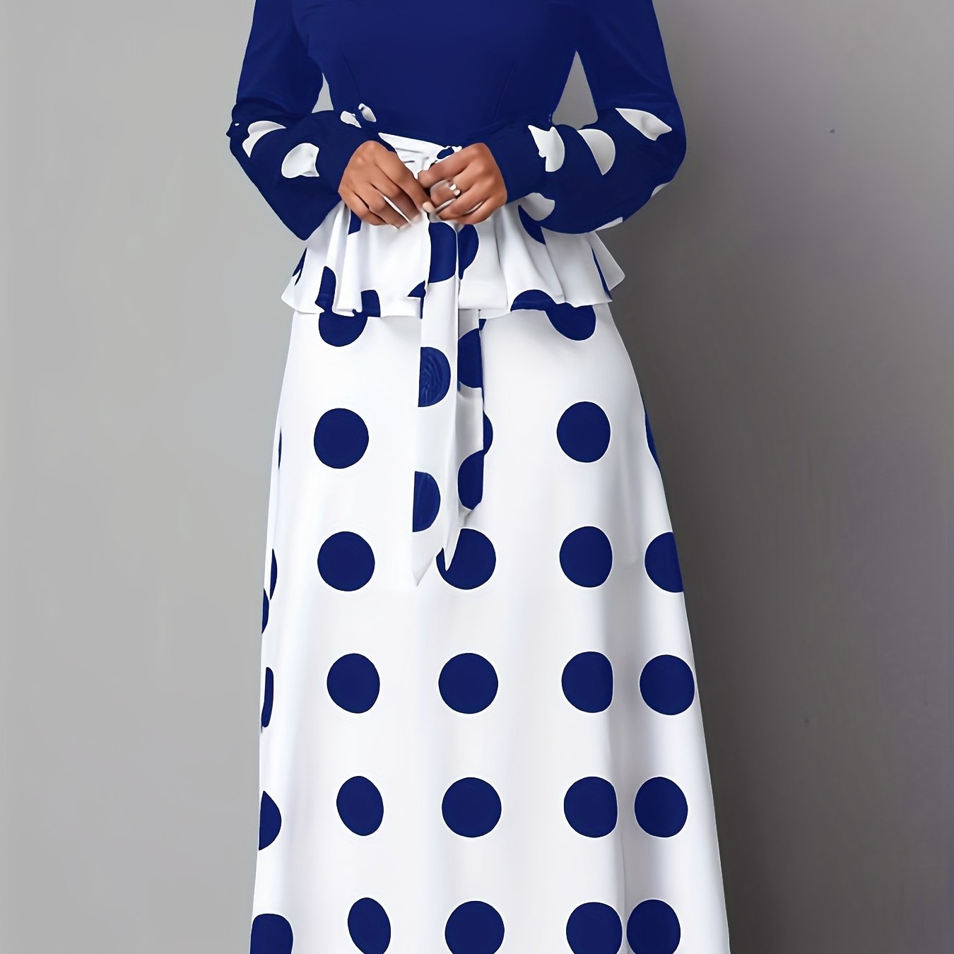 gbolsos Color Block Polka Dot V Neck Long Sleeve Dress, Elegant High Tie Waist Flared Maxi Dress, Women's Clothing