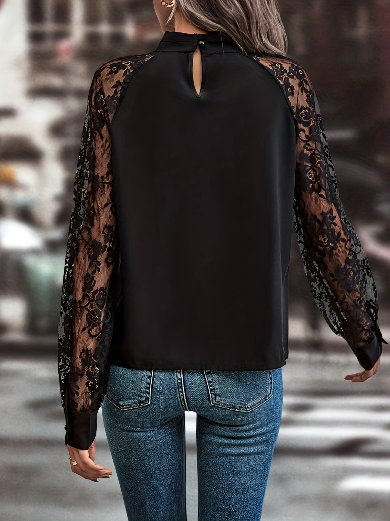 gbolsos Floral Lace Stitching Blouse, Casual Long Sleeve Blouse For Spring & Fall, Women's Clothing