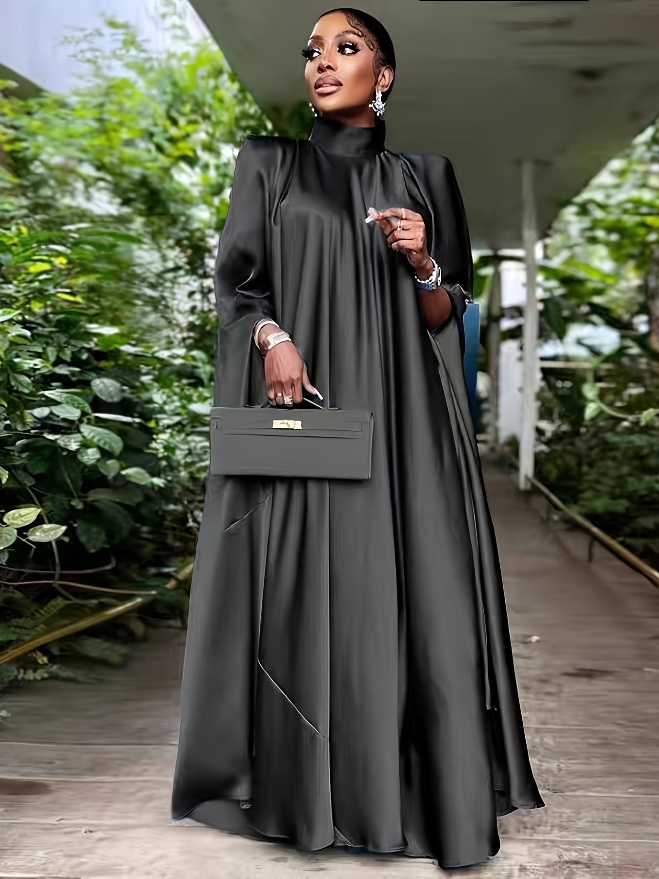 Plus Size Elegant Abaya Dress, Women's Plus Satin Bat Sleeve Mock Neck Maxi Muslim Caftan Dress