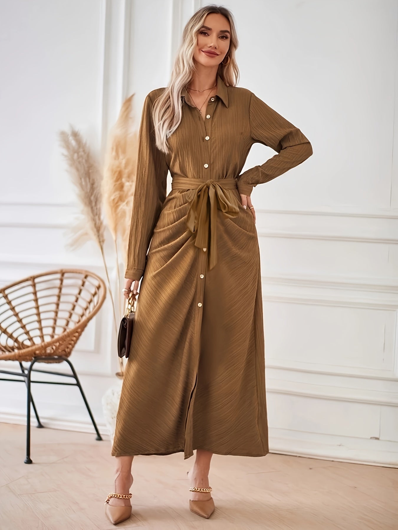 gbolsos Solid Button Front Dress, Elegant Long Sleeve Dress, Women's Clothing
