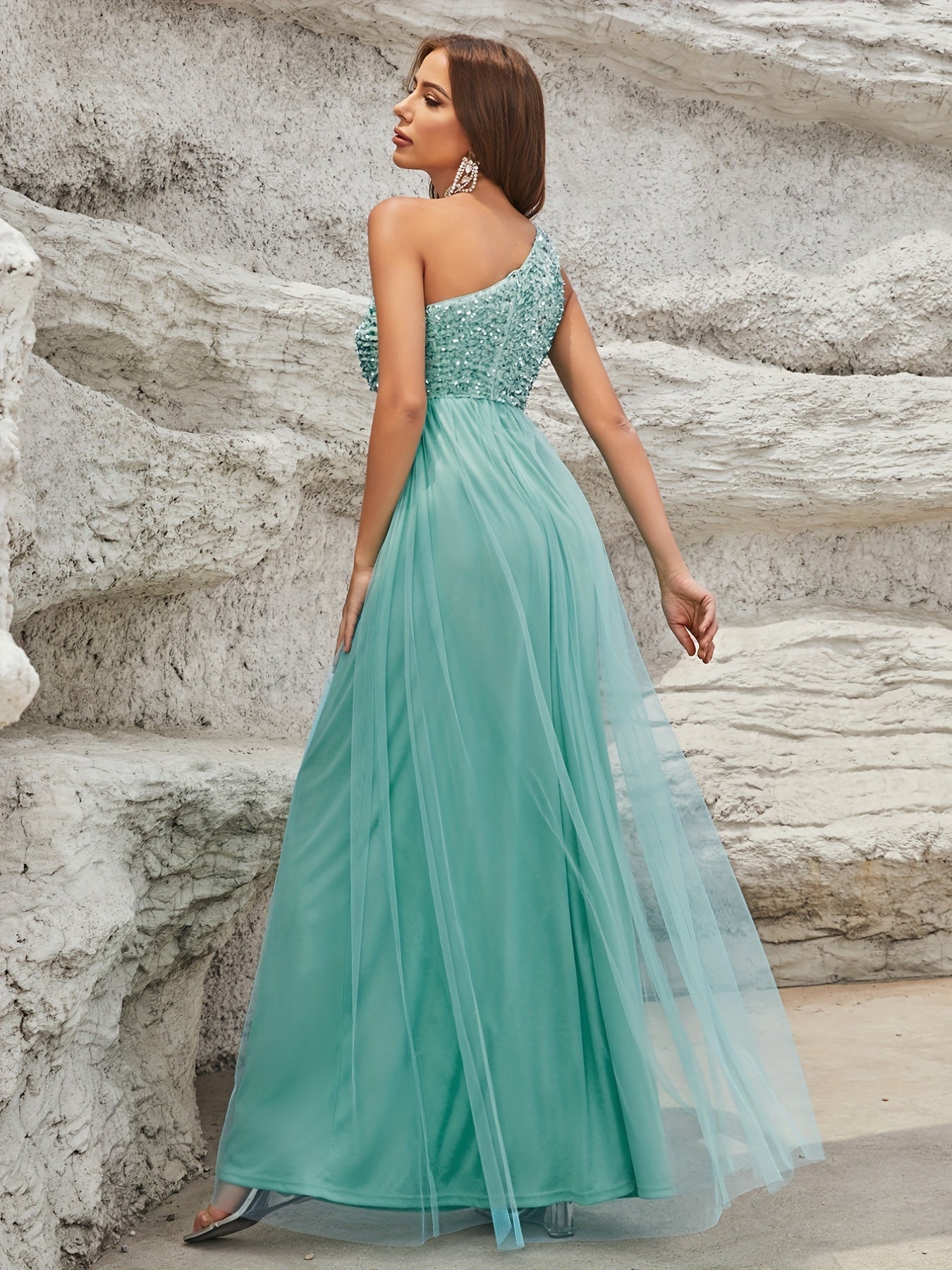 One Shoulder Sequin Dress, Elegant Sleeveless Dress For Party & Banquet, Women's Clothing