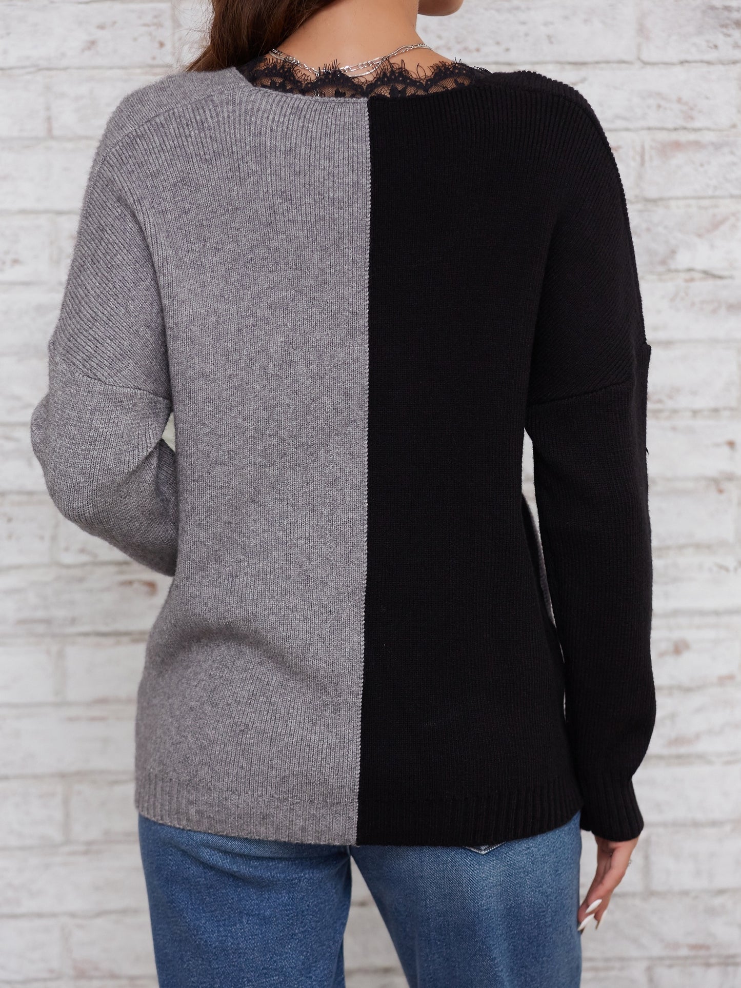 gbolsos Contrast Lace Color Block Knit Sweater, Casual V Neck Long Sleeve Sweater, Women's Clothing