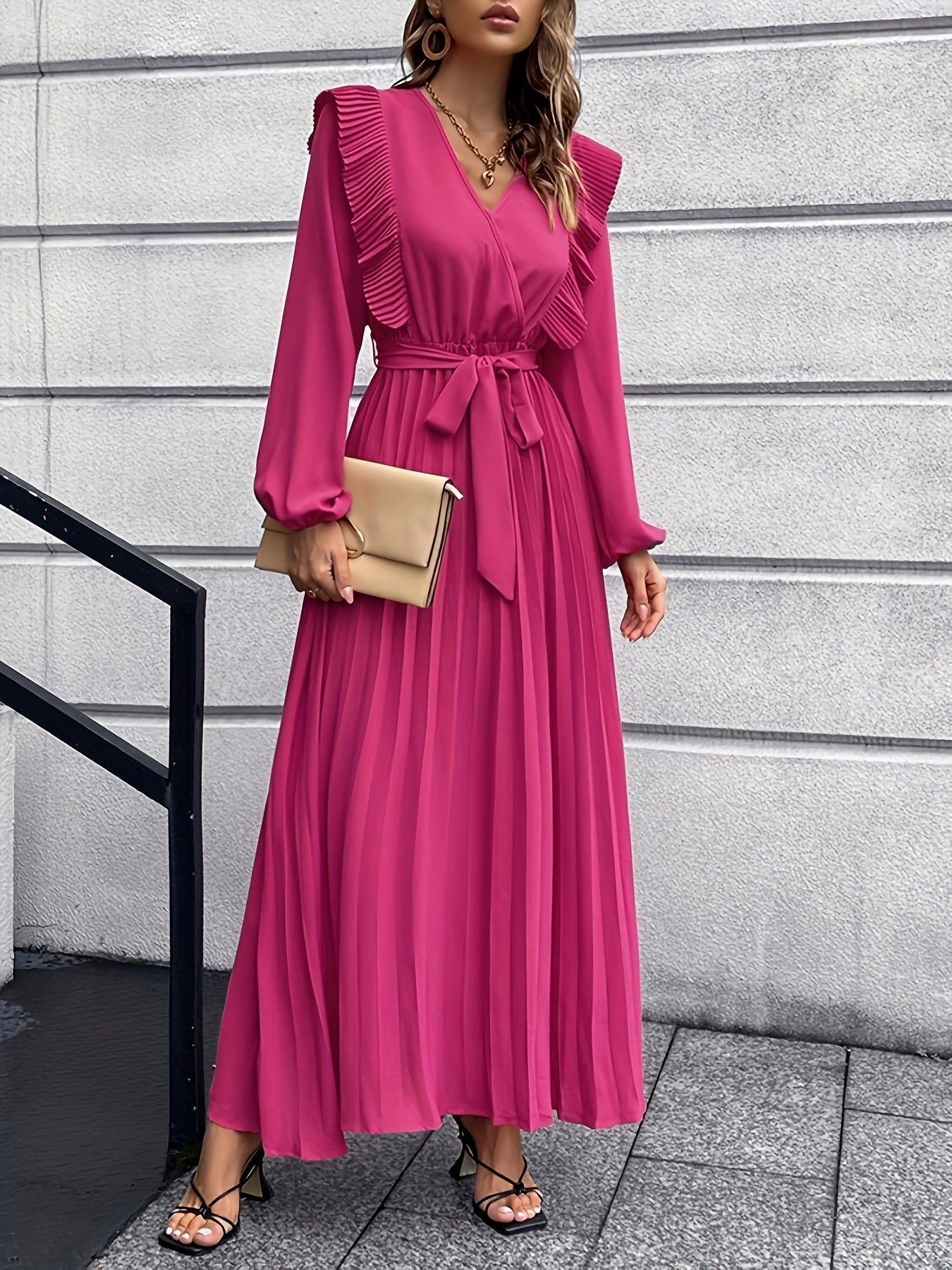 Ruffle Trim Pleated Dress, Casual V Neck Long Sleeve Solid Dress, Women's Clothing