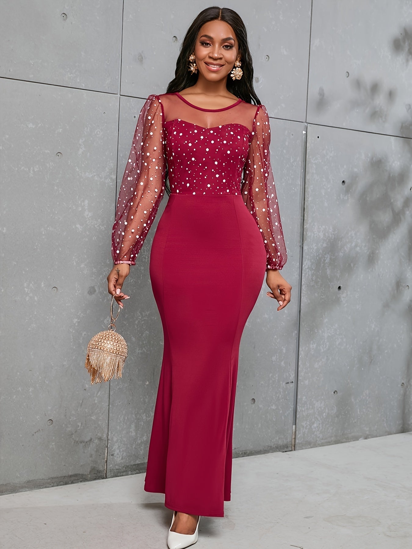 gbolsos Round Neck Mesh Stitching Dress, Elegant Slim Long Sleeve Waist Long Dresses, Women's Clothing