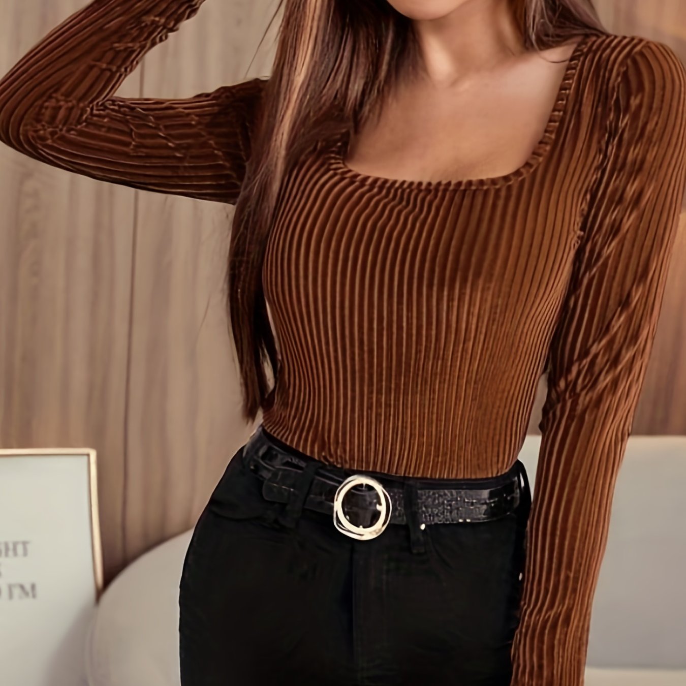 Solid Ribbed Velvet T-Shirt, Elegant Long Sleeve Top For Spring & Fall, Women's Clothing
