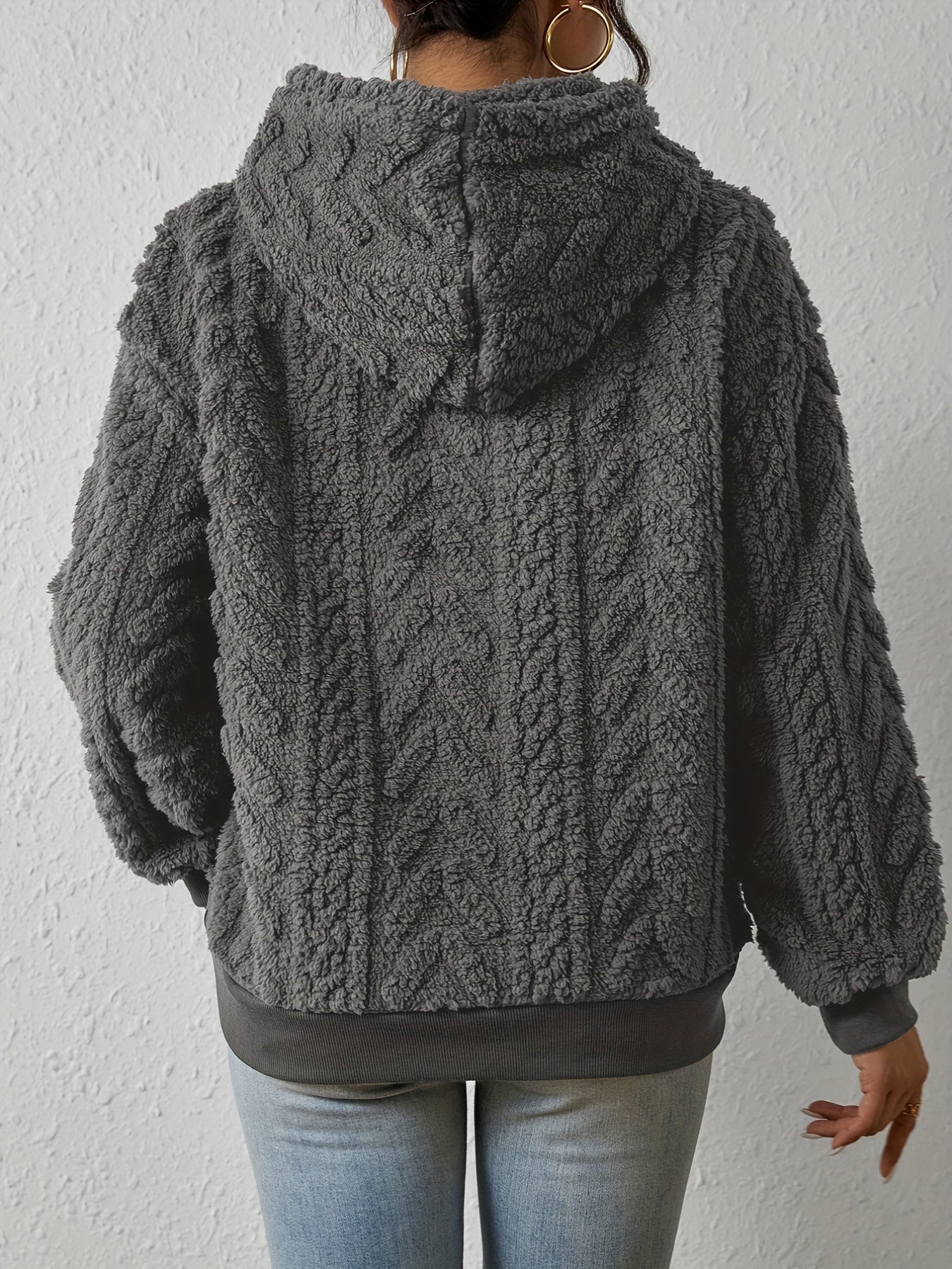 Textured Hoodie Plush Sweatshirt, Casual Long Sleeve Drawstring Hoodies Sweatshirt, Women's Clothing