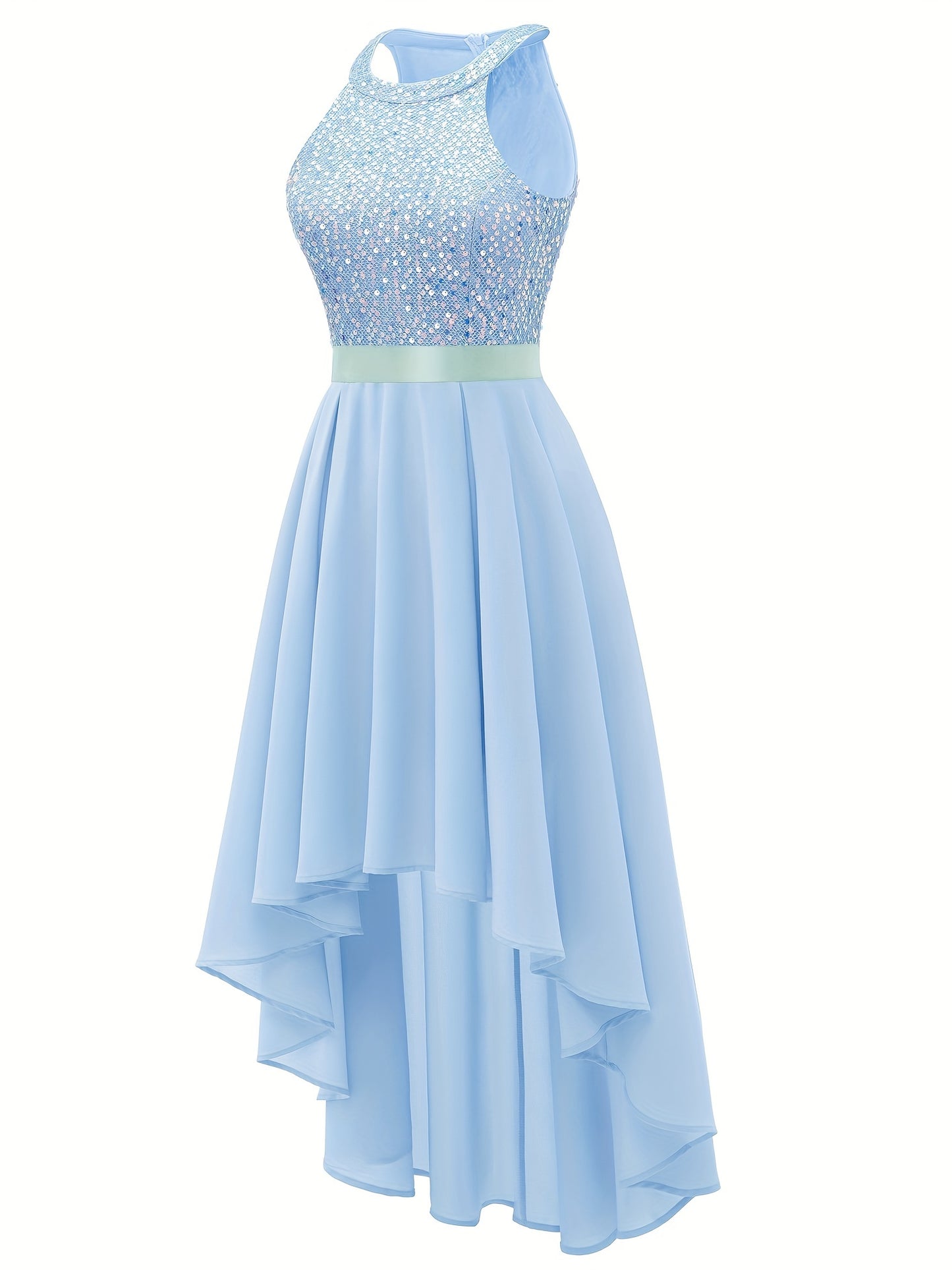 gbolsos Contrast Sequin Dipped Hem Dress, Elegant Sleeveless Solid Party Dress, Women's Clothing