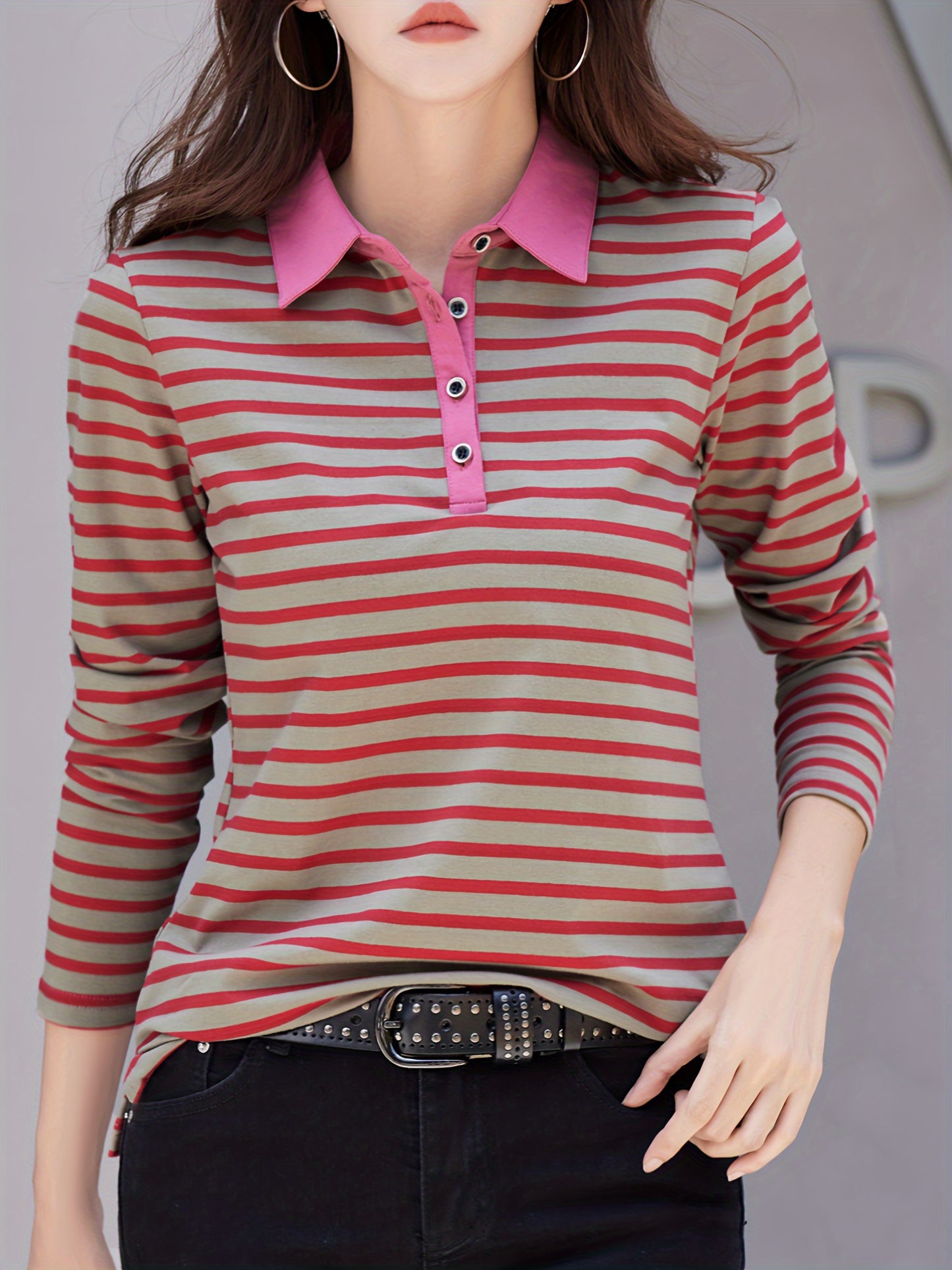 gbolsos Striped Print Button Front T-Shirt, Casual Long Sleeve T-Shirt For Spring & Fall, Women's Clothing