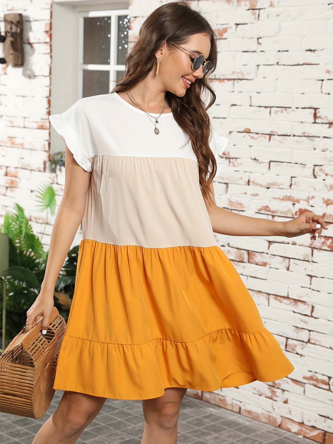 Color Block Ruffle Hem Dress, Casual Crew Neck Short Sleeve Dress, Women's Clothing