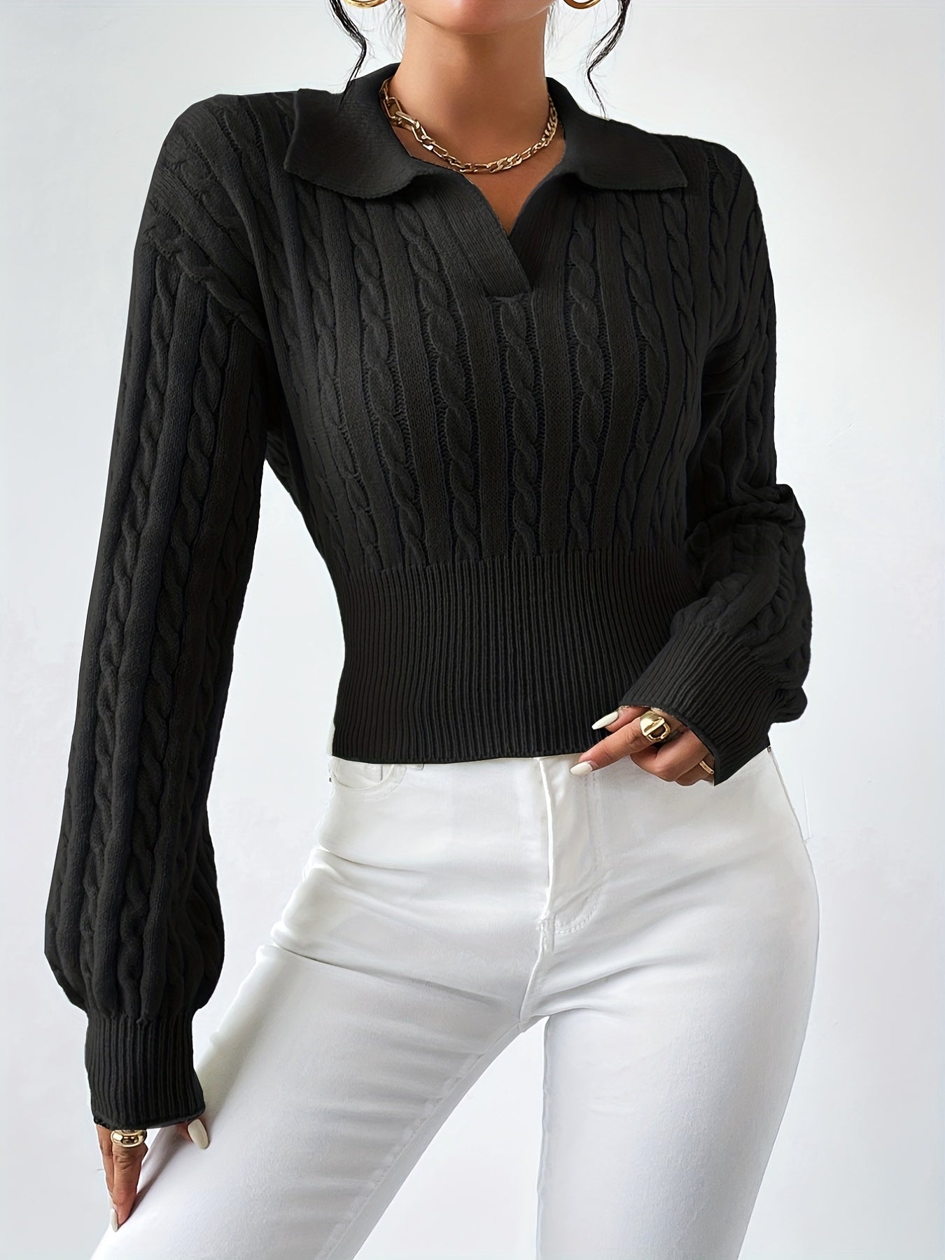 gbolsos Twist Textured V Neck Knitted Top, Casual Long Sleeve Sweater For Fall & Winter, Women's Clothing