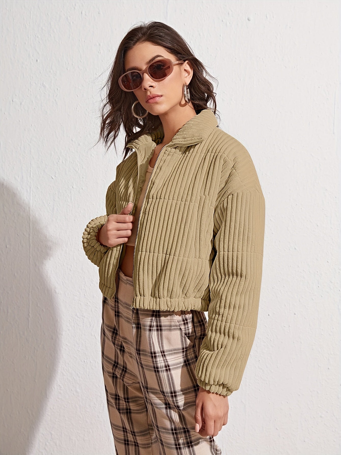 Solid Zip Up Coat, Casual Long Sleeve Winter Warm Outerwear, Women's Clothing