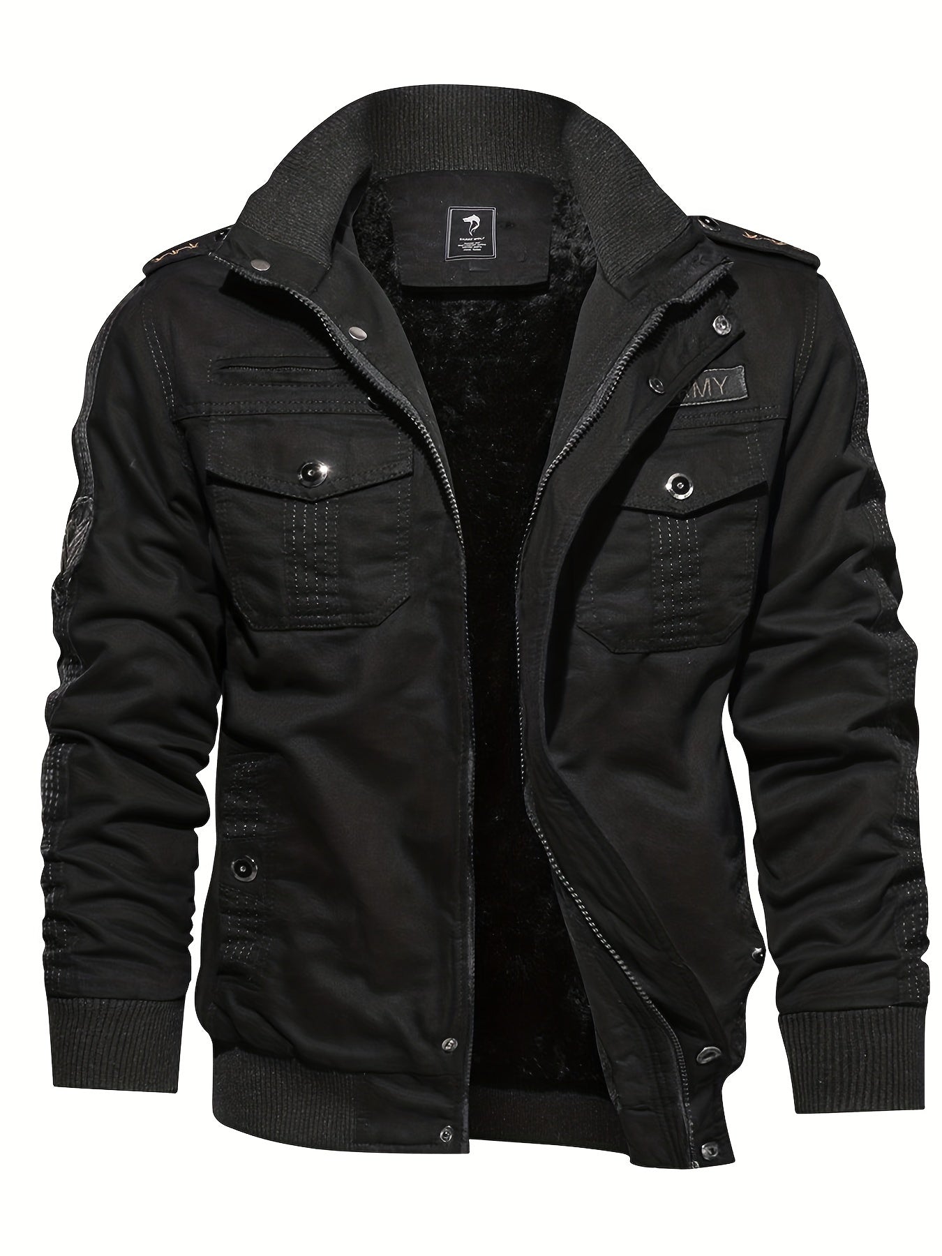 gbolsos Warm Plush Fleece Cotton Jacket, Men's Casual Zipper Pockets Stand Collar Jacket Coat For Fall Winter