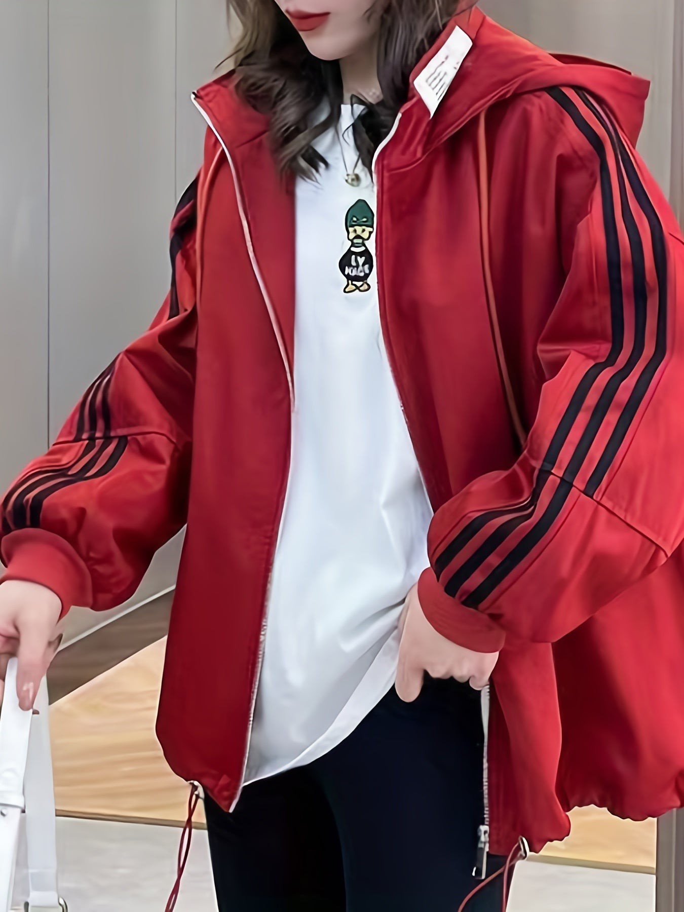 gbolsos Striped Print Zip Up Jacket, Casual Drawstring Hooded Jacket, Women's Clothing
