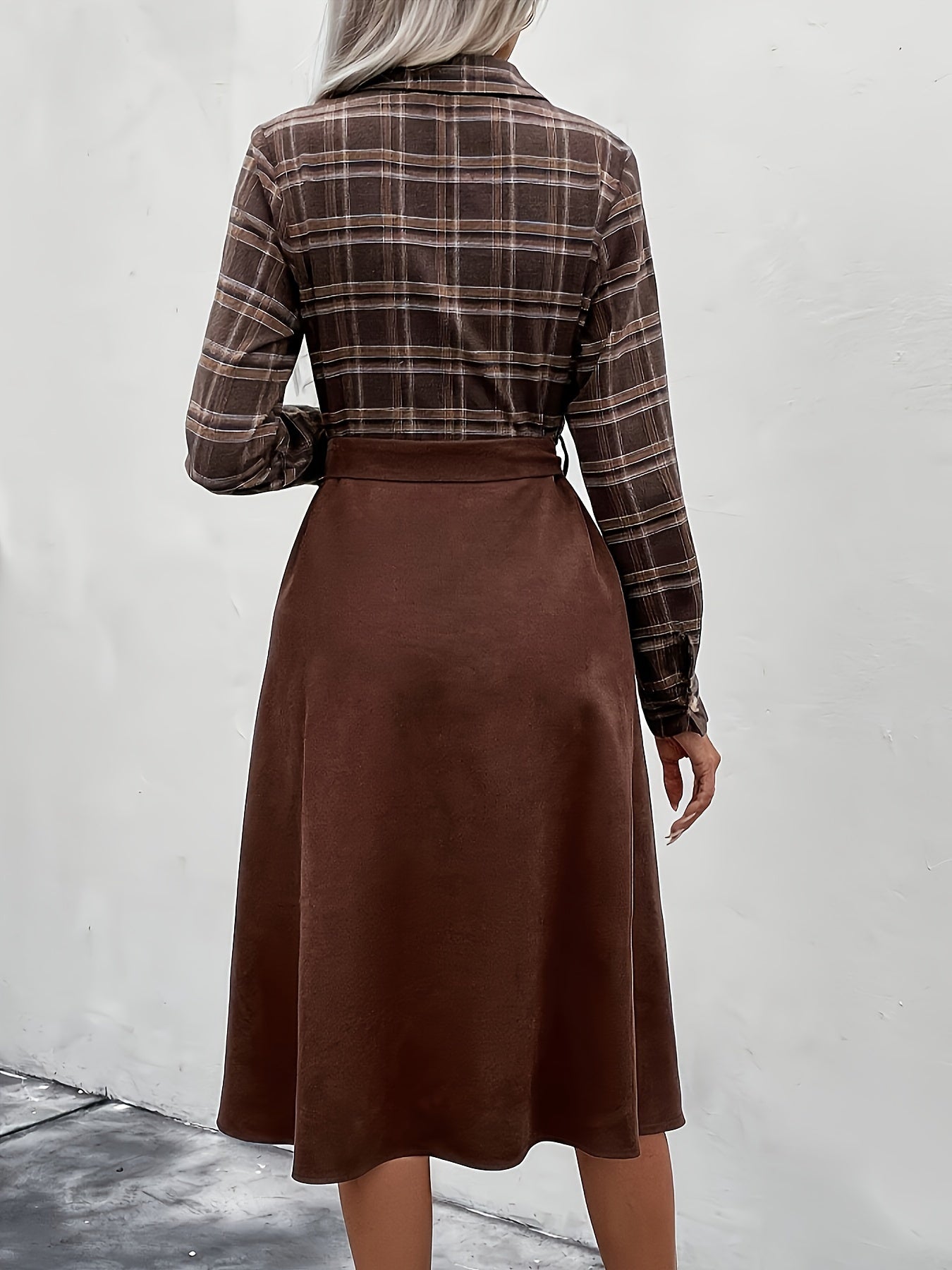 gbolsos Plaid Print Button Front Splicing Dress, Elegant Long Sleeve Dress, Women's Clothing