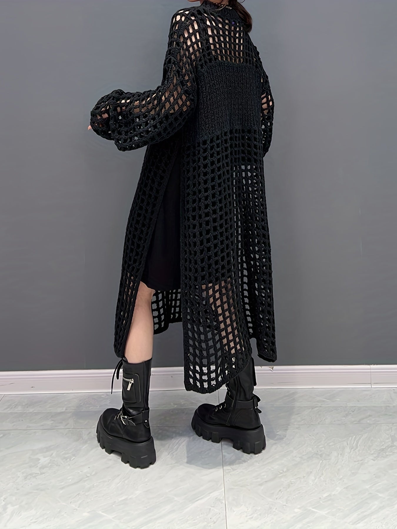 Crochet Split Thigh Dress, Casual Solid Long Sleeve Maxi Dress, Women's Clothing