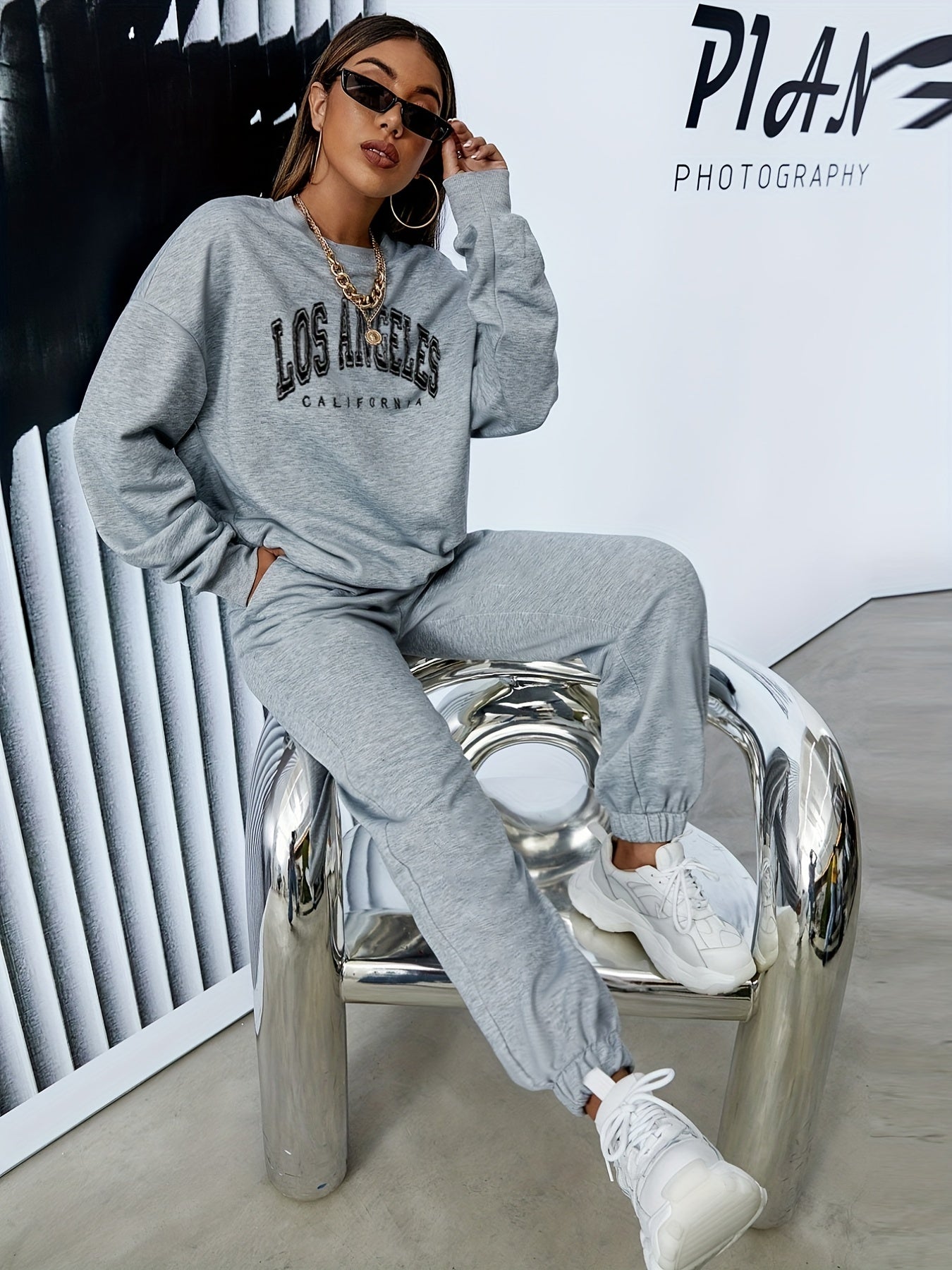gbolsos Casual Workout Two-piece Set, Letter Print Long Sleeve Tops & Long Length Solid Jogger Pants Outfits, Women's Clothing