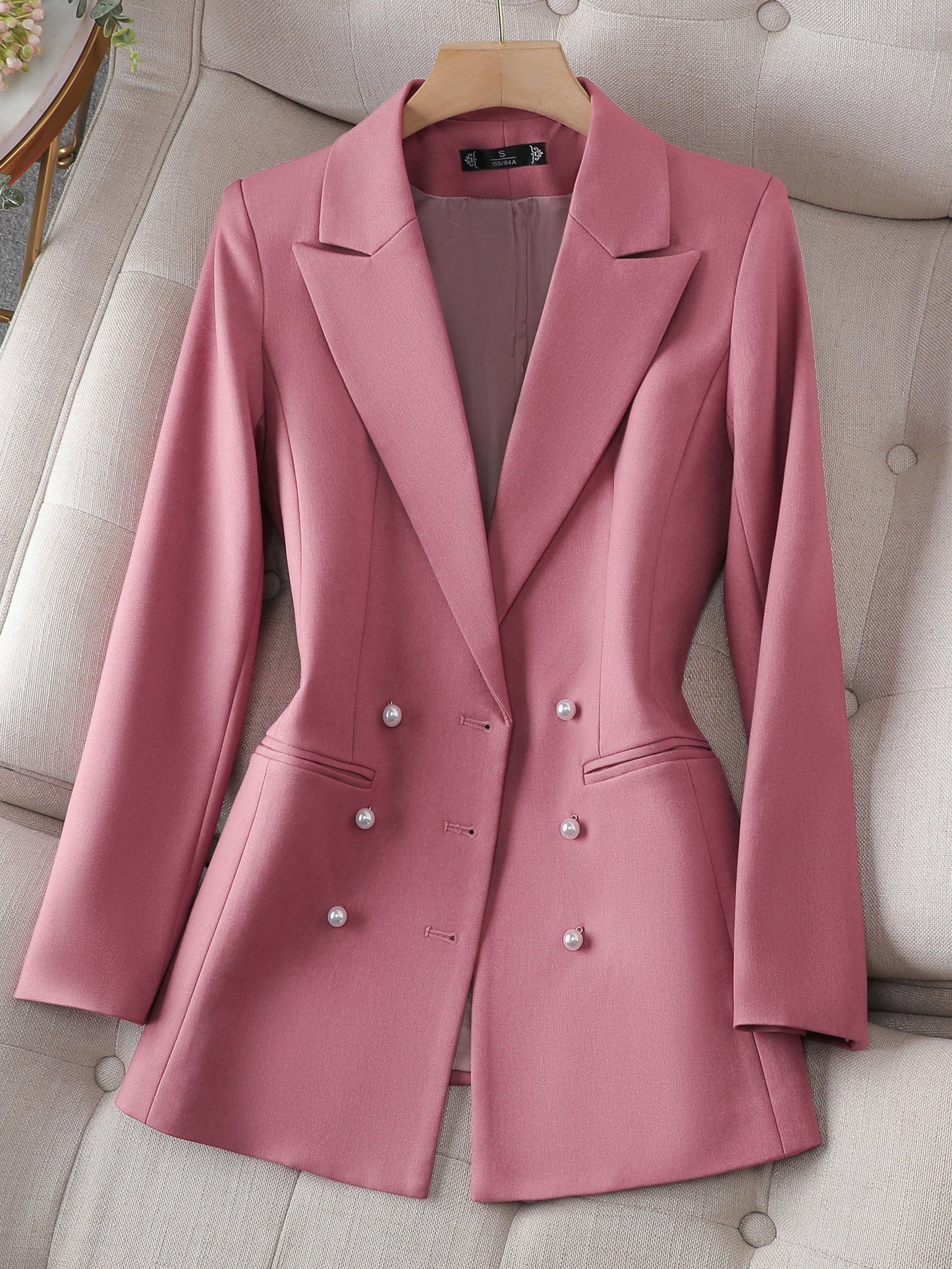 gbolsos Solid Lapel Beaded Button Blazer, Casual Long Sleeve Blazer For Office, Women's Clothing