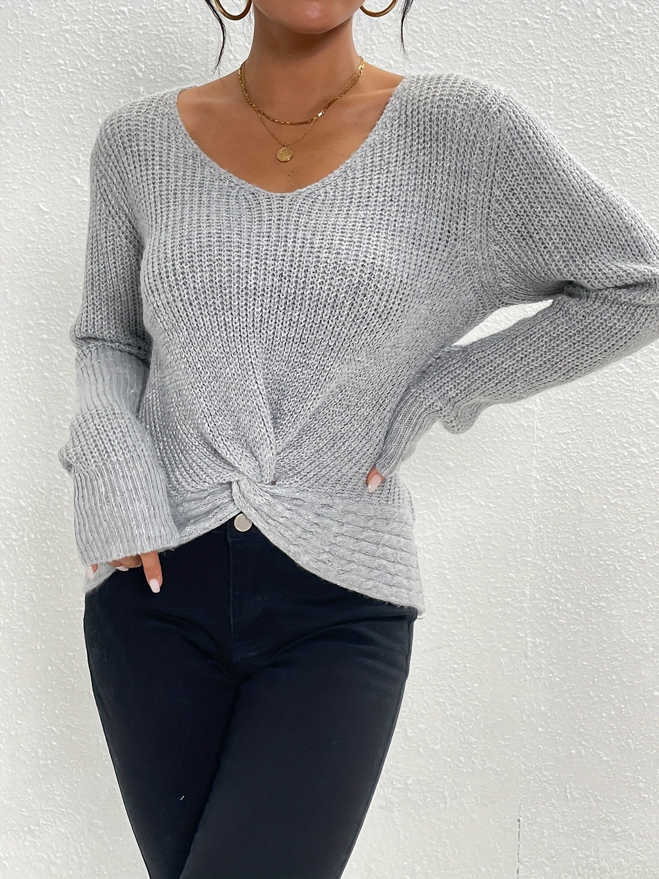 Twist Front V Neck Sweater, Casual Long Sleeve Sweater For Fall & Winter, Women's Clothing