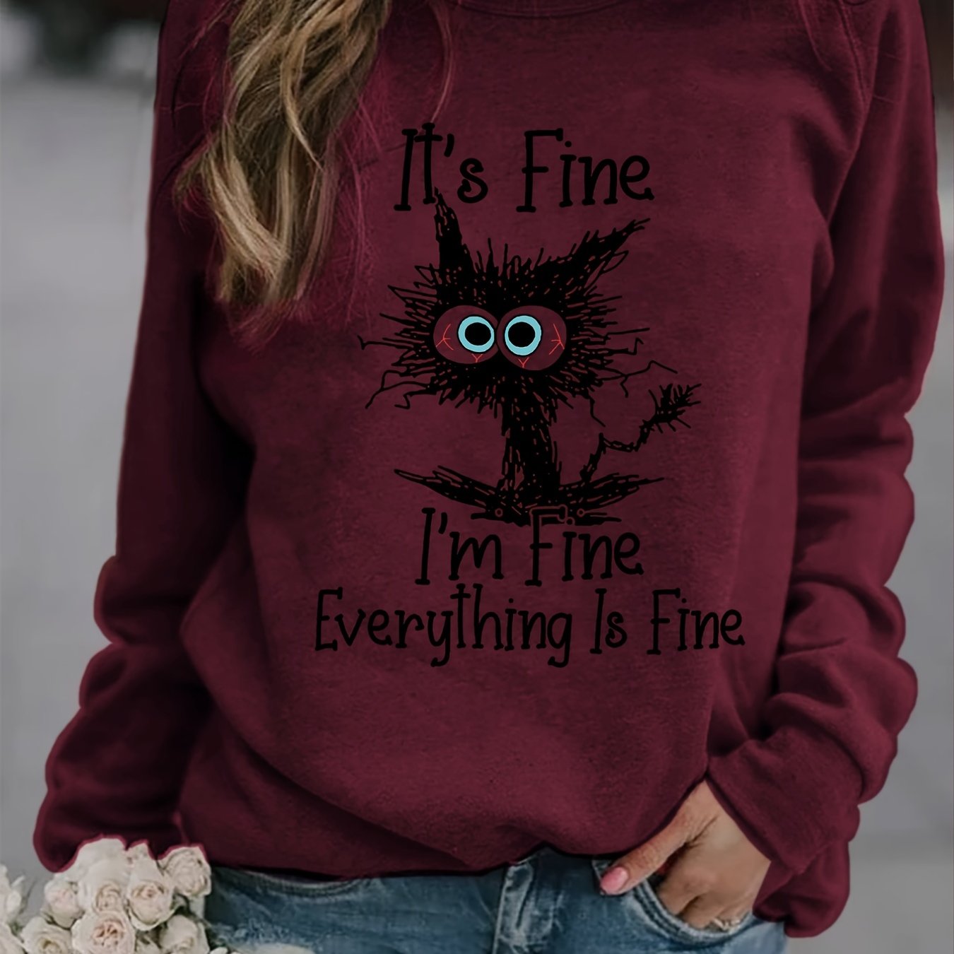 gbolsos It's Fine Cartoon Cat Print Sweatshirt, Long Sleeve Crew Neck Casual Sweatshirt For Winter & Fall, Women's Clothing